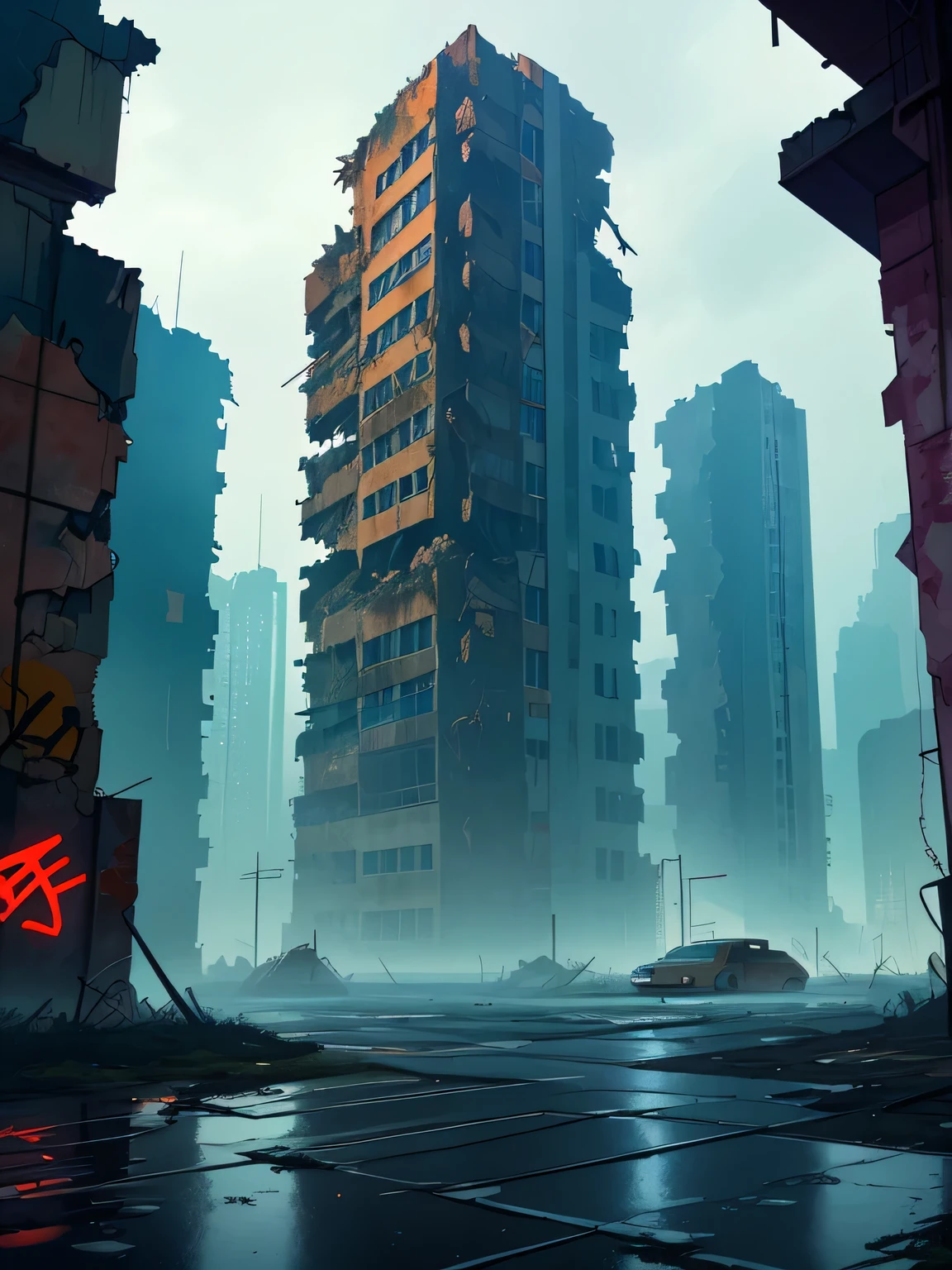 View from window. old abandoned mega city. Antennas. Brutalism architecture. Post soviet ruined buildings. Old graffitis. mystery, technoir. Post apocalyptic environment. ruined tall buildings. Brutalism architecture. rain, fog, night. wet road. Post soviet architecture. Hell.