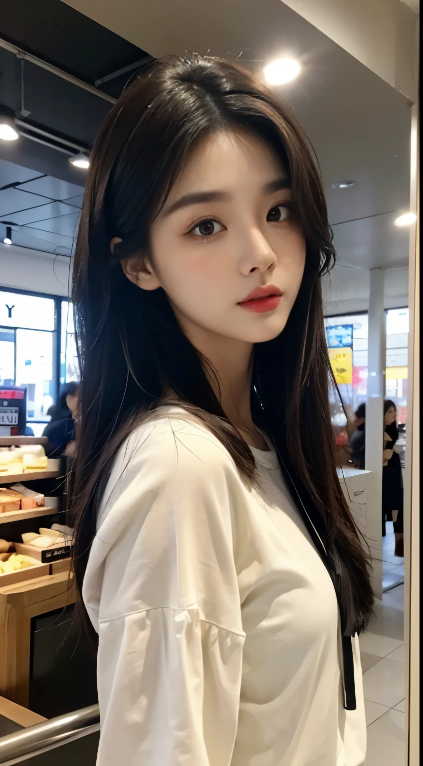 masterpiece、top-quality)、1 beutiful girl、Slim body、((Black and white plain clothes:1.1))、(Detailed beautiful eyes)、Walk around the store、((Boyish Brown Medium Hair))、((Smaller face))、((Neutral face))、((Face seen from the side))、((Light brown eyes))、((Korean Girl))、((18year old))、((cool lady))、((Wild look))、((Korean Makeup))、((elongated and sharp eyes))、((Happy dating))、((looking distantly))、((boyish))、((Shot from the same height as your face))、((Viewers are tall))、((She is walking in front of the viewer))、((Happy to be spoiled by viewers))