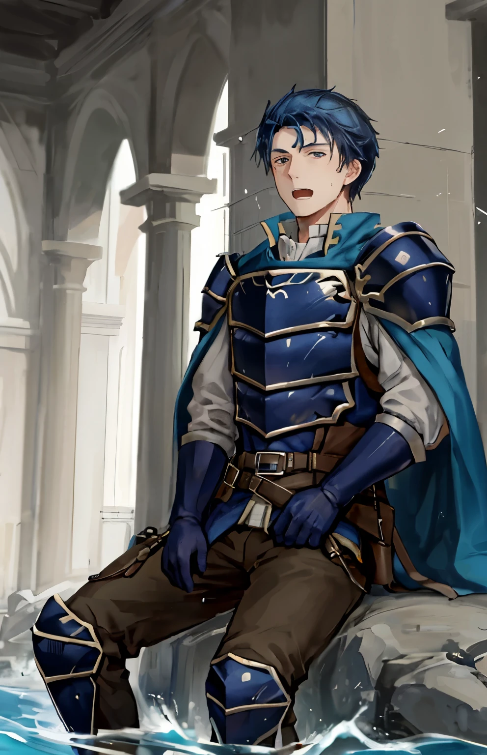 Hector Fay, solo, looking at the audience, Serious, open mouth,breath through,Soaked,get wet,Slobber, Gloves, 1 boy, blue hair,male focus,sit(sit straddled),cloak,armor,from below,