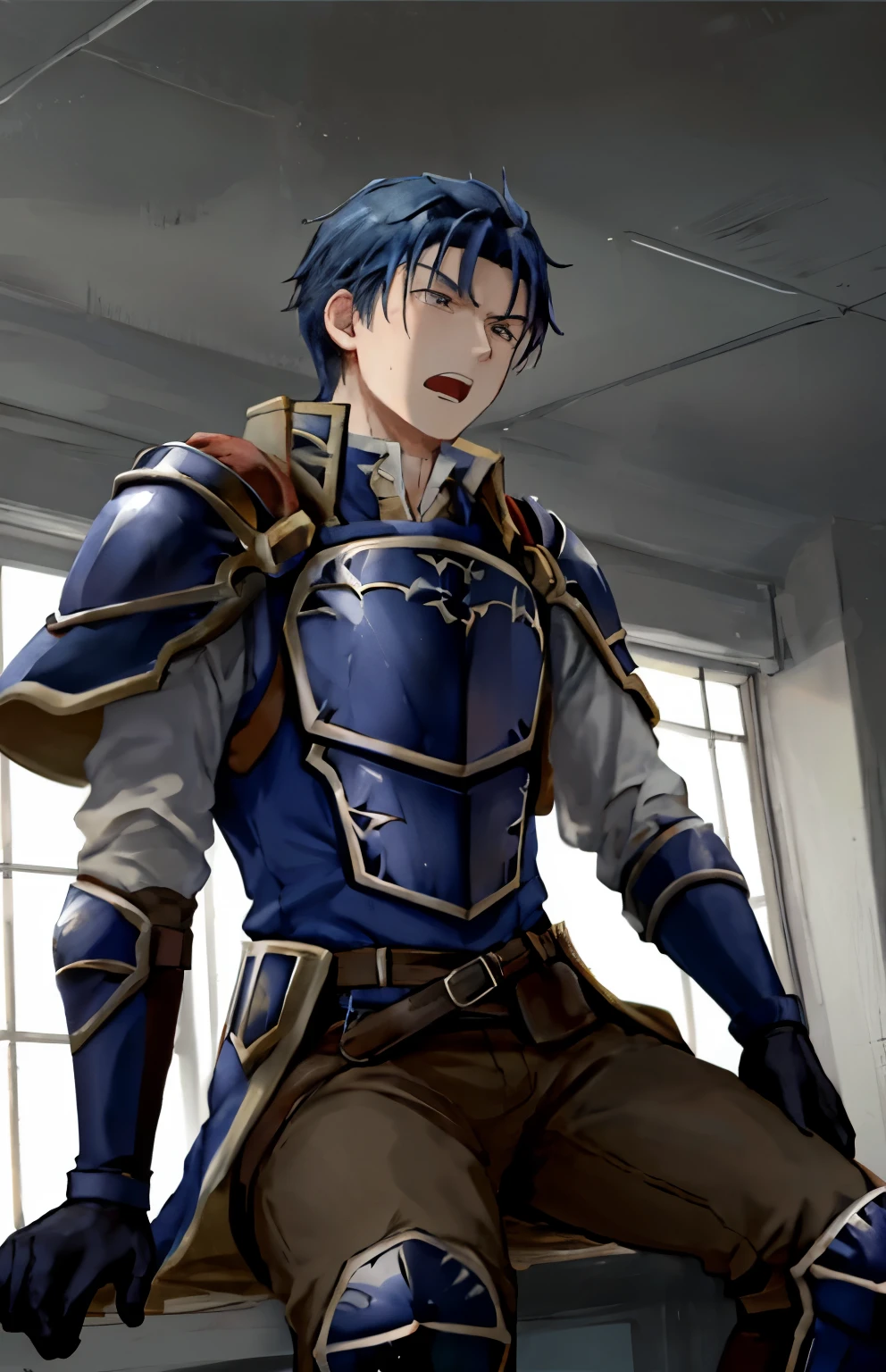 Hector Fay, solo, looking at the audience, Serious, open mouth,breath through,Soaked,get wet,Slobber, Gloves, 1 boy, blue hair,male focus,sit(sit straddled),cloak,armor,from below,