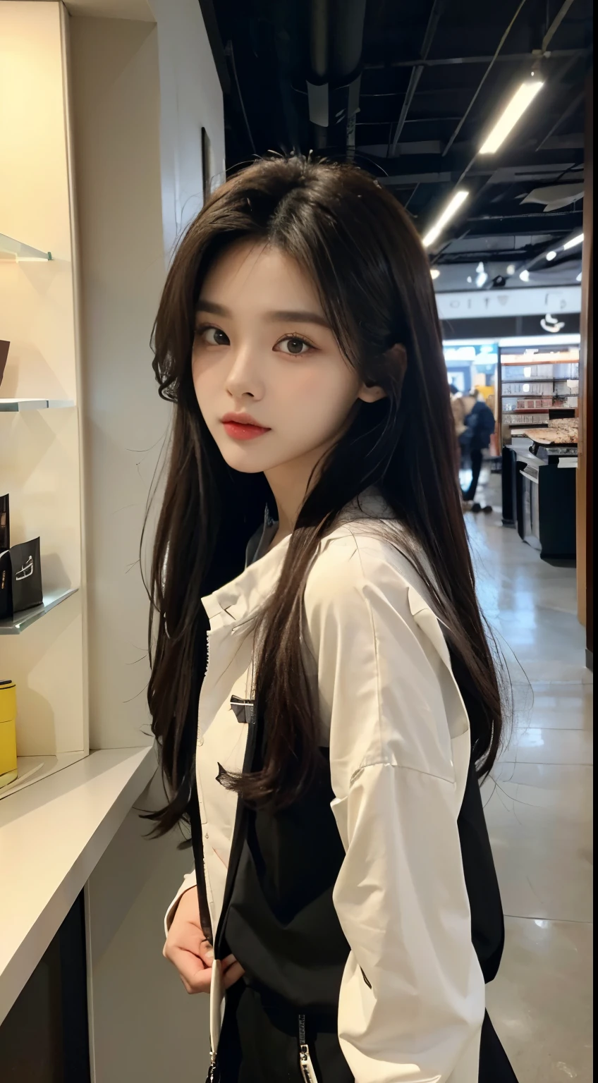 ​masterpiece、top-quality)、1 beutiful girl、Slim body、((Black and white plain clothes:1.1))、(Detailed beautiful eyes)、Walk around the store、((Boyish Brown Medium Hair))、((Smaller face))、((Neutral face))、((Face seen from the side))、((Light brown eyes))、((Korean Girl))、((18year old))、((cool lady))、((Wild look))、((Korean Makeup))、((elongated and sharp eyes))、((Happy dating))、((looking distantly))、((boyish))、((Shot from the same height as your face))、((Viewers are tall))、((She is walking in front of the viewer))、((Happy to be spoiled by viewers))
