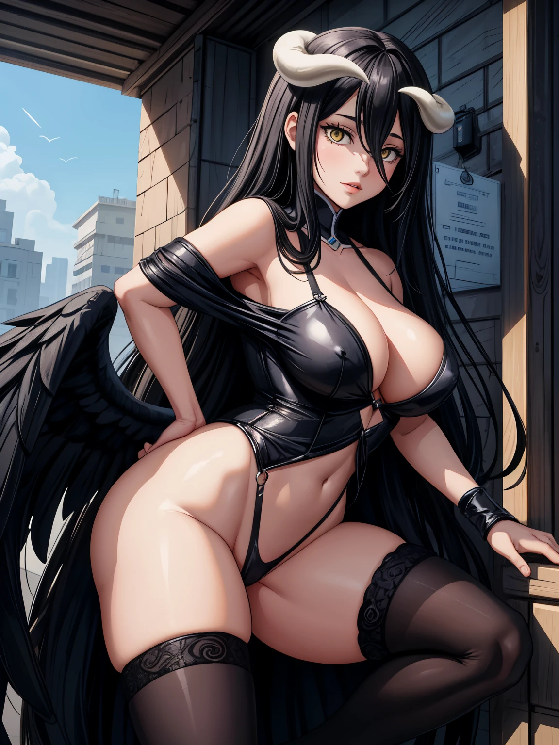 ((masterpiece)), (best quality),, official art, extremely detailed CG unity 8k wallpaper, highly detailed, shiny skin, Depth of field, vivid color,, 1girl, (curvy:0.6), (full body:0.8), girl wearing skirt or dress, sexy , portrait sophie mudd, casual pose, gorgeous young model, cute young woman, a beautiful -aged girl, very pretty model, young , cute young girl, beautiful young girl, beautiful model, long black hair, dark hair, shiny hair, young and cute girl, girl, Albedo, Overlord, Albedo anime, anime, looking at me, high shadow texturing, shadows included, looking epic, epic background, epic place, single person, nobody else, wearing swimsuit,horns, wearing somethink cute, wearing cute dress, adorable, kawaii, cute, proud, happy, definision of happines, sun is shining, sunshine, epic lighting, sunning, 18+ , epic background, super epic backgorund, backgorund theme, suepr shadowing, shadows, dynamic lighting, wearing sexy clothes, maybe wearing thin dress, dress, clothing interesting, sexy clothes
