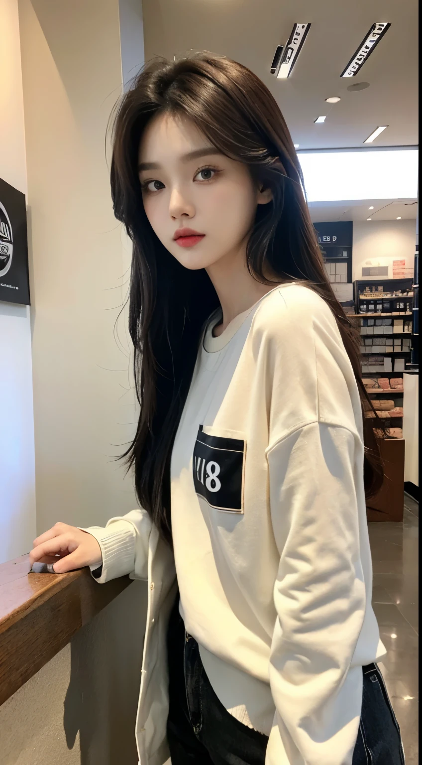 masterpiece、top-quality)、1 beutiful girl、Slim body、((Black and white plain clothes:1.1))、(Detailed beautiful eyes)、Walk around the store、((Boyish Brown Medium Hair))、((Smaller face))、((Neutral face))、((Face seen from the side))、((Light brown eyes))、((Korean Girl))、((18year old))、((cool lady))、((Wild look))、((Korean Makeup))、((elongated and sharp eyes))、((Happy dating))、((looking distantly))、((boyish))、((Shot from the same height as your face))、((Viewers are tall))、((She is walking in front of the viewer))、((Happy to be spoiled by viewers))