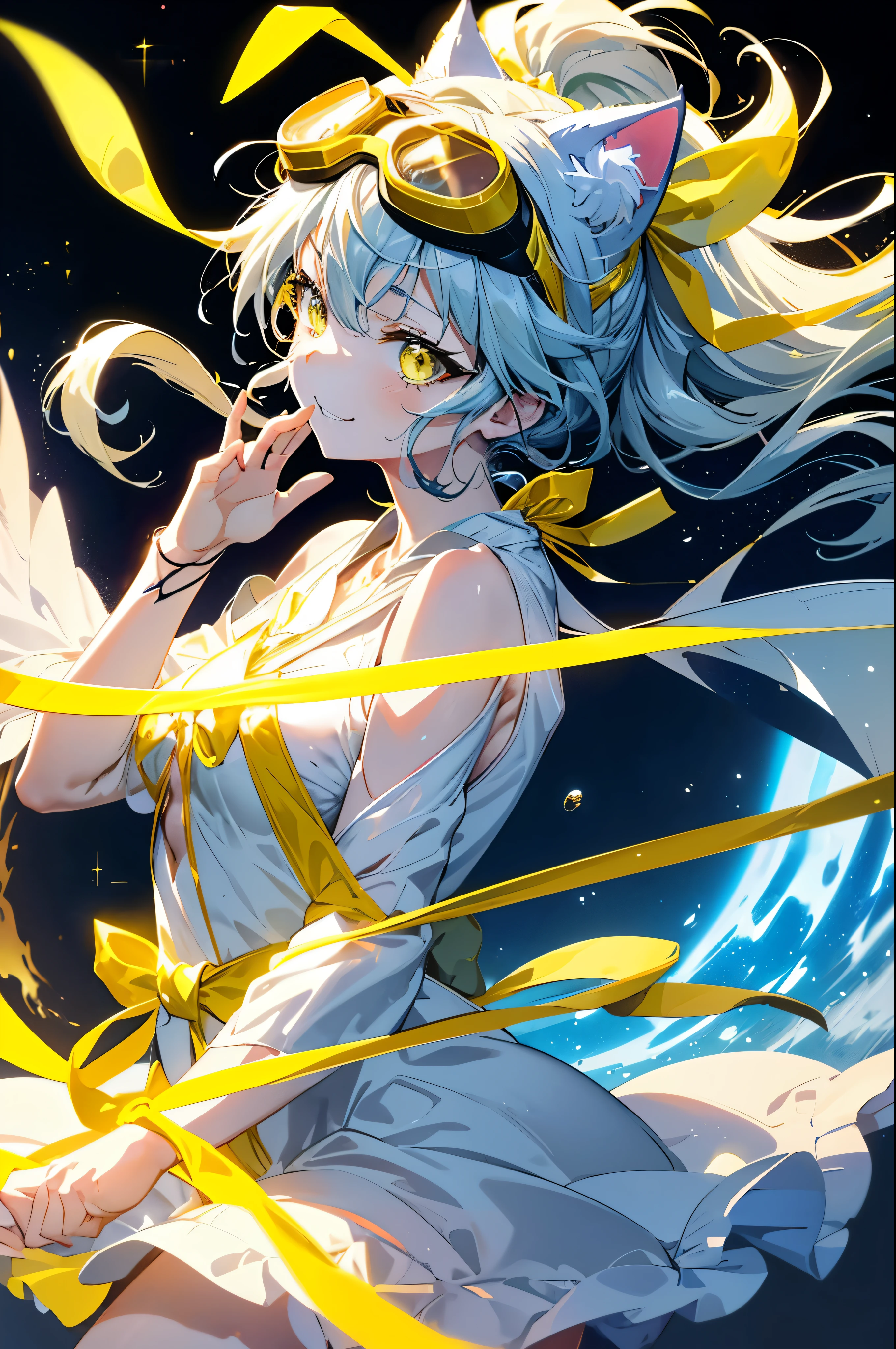 plasma string art. reincarnated cat maiden、(Cat ear:1.3)、(Wear precision goggles on your head:1.5)、Best quality anime cat maiden、light green ponytail hair、yellow eyes、(wearing a white one-piece costume:1.3),(Tie your hair with a yellow ribbon:1.3)、sunflower、(close your face:1.3),(Smile as bright as the sun:1.3),well-groomed face、skinny、big chest、good style、4K anime art. best image quality.movie writing.Sparkling starry sky. Accurate five-fingered hands.Beautiful woman.cute.(open your mouth and smile:1.3).fire and plasma effects.adult woman.detailed anime depiction.profile profile.