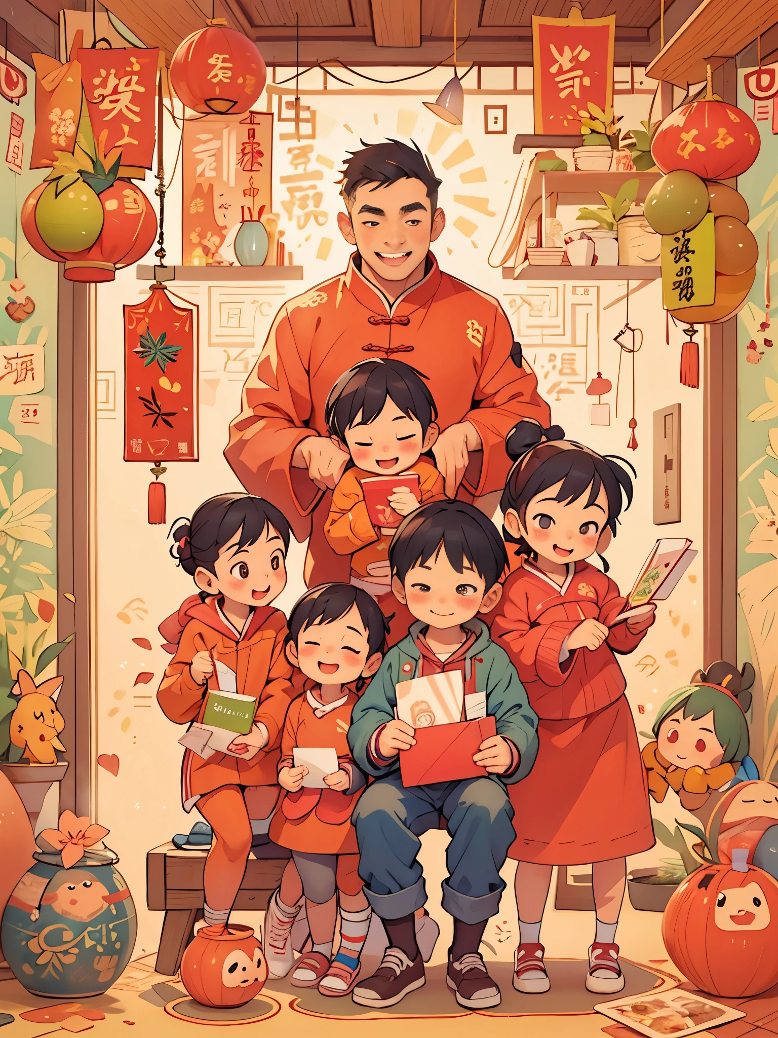 Children surround dad,Dad is holding a red envelope in his hand, Happy, The gift is in hand,Warm and joyful atmosphere, digital illustration, Illustration poster, new year , digital illustration , Chinese style,exciting illustration,