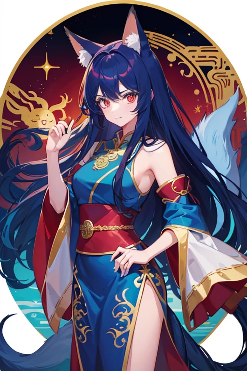 1 young girl, long blue hair, This depicts a fox disguised as a woman, wearing Chinese Traditional dress, There is a golden fox with red eyes in the background, twilight, deep sea, animal ears, dragon horn, cool, holding a gun, looking at the audience,Has a big blue furry tail, masterpiece, best quality,