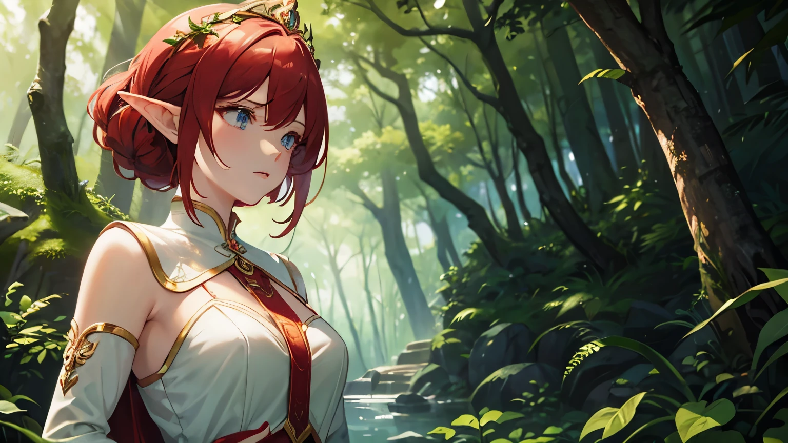 1girl, elf, red hair, forest background, looking at viewer, upperbody, masterpiece, realistic, ranger, holding bow, detailed eyes and face, long eyelashes, ethereal beauty, graceful pose, sunlight streaming through trees, vibrant colors, soft and natural lighting, enchanted atmosphere, mystical aura, intricate details on clothing, delicate jewelry, majestic crown, flowing dress, serene expression, intense focus in eyes, flawless skin, dappled shadows, delicate foliage, magical creatures in the background, wisps of magic surrounding the character, epic sense of adventure, evocative storytelling.