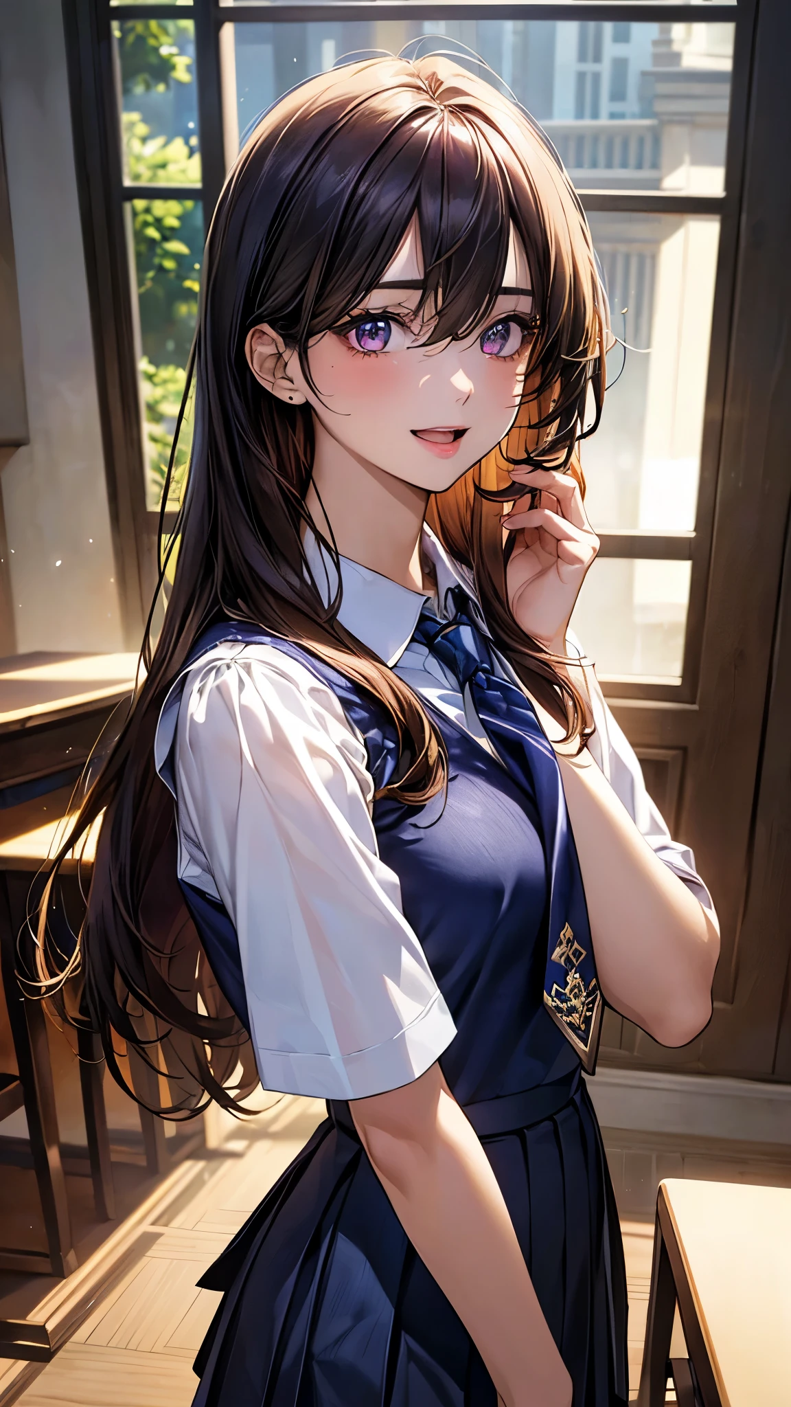 (masterpiece:1.2, top-quality), (realistic, photorealistic:1.4), beautiful illustration, (natural side lighting, movie lighting), ,
(looking at viewer), 1 girl, japanese, high school girl, perfect face, cute and symmetrical face, shiny skin,
(long hair:1.5, straight hair:1.7, bronze hair), hair between eyes, purple eyes, long eye lasher, (large breasts:0.6),
beautiful hair, beautiful face, beautiful detailed eyes, beautiful clavicle, beautiful body, beautiful chest, beautiful thighs, beautiful legs,
((symmetrical clothing, detailed cloth texture, light blue collared shirt, dark navy pleated skirt)), navy tie, white knitted vest,
(beautiful scenery), evening, classroom, hands on mouth, (lovely smile, upper eyes, open mouth),