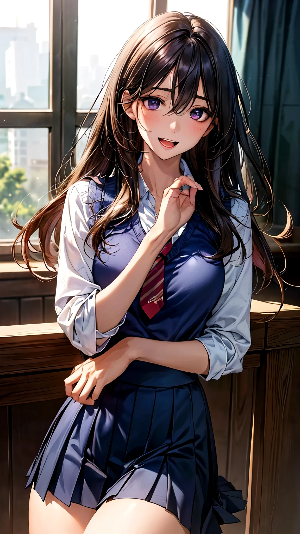 (masterpiece:1.2, top-quality), (realistic, photorealistic:1.4), beautiful illustration, (natural side lighting, movie lighting), , 
(looking at viewer), 1 girl, japanese, high school girl, perfect face, cute and symmetrical face, shiny skin, 
(long hair:1.5, straight hair:1.7, bronze hair), hair between eyes, purple eyes, long eye lasher, (large breasts:0.6), 
beautiful hair, beautiful face, beautiful detailed eyes, beautiful clavicle, beautiful body, beautiful chest, beautiful thighs, beautiful legs, 
((symmetrical clothing, detailed cloth texture, light blue collared shirt, dark navy pleated skirt)), navy tie, white knitted vest, 
(beautiful scenery), evening, classroom, hands on mouth, (lovely smile, upper eyes, open mouth), 