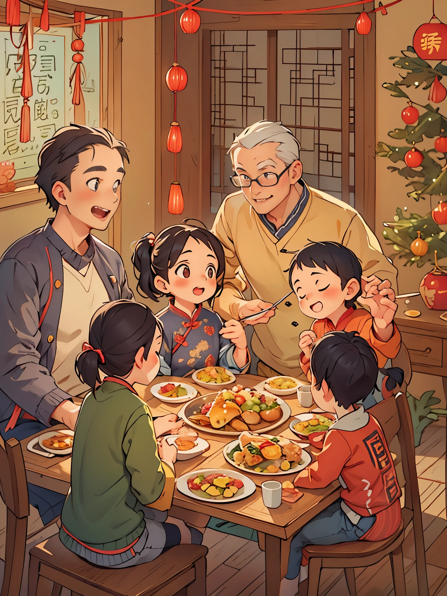 grampa,Grandmother,dad,Mother,boy,girl,The family eats New Year’s Eve dinner together,Sit around the table, Happy, Delicious Chinese food on the table, Warm and joyful atmosphere, digital illustration, Illustration poster, child, digital illustration , Chinese style, , exciting illustration,