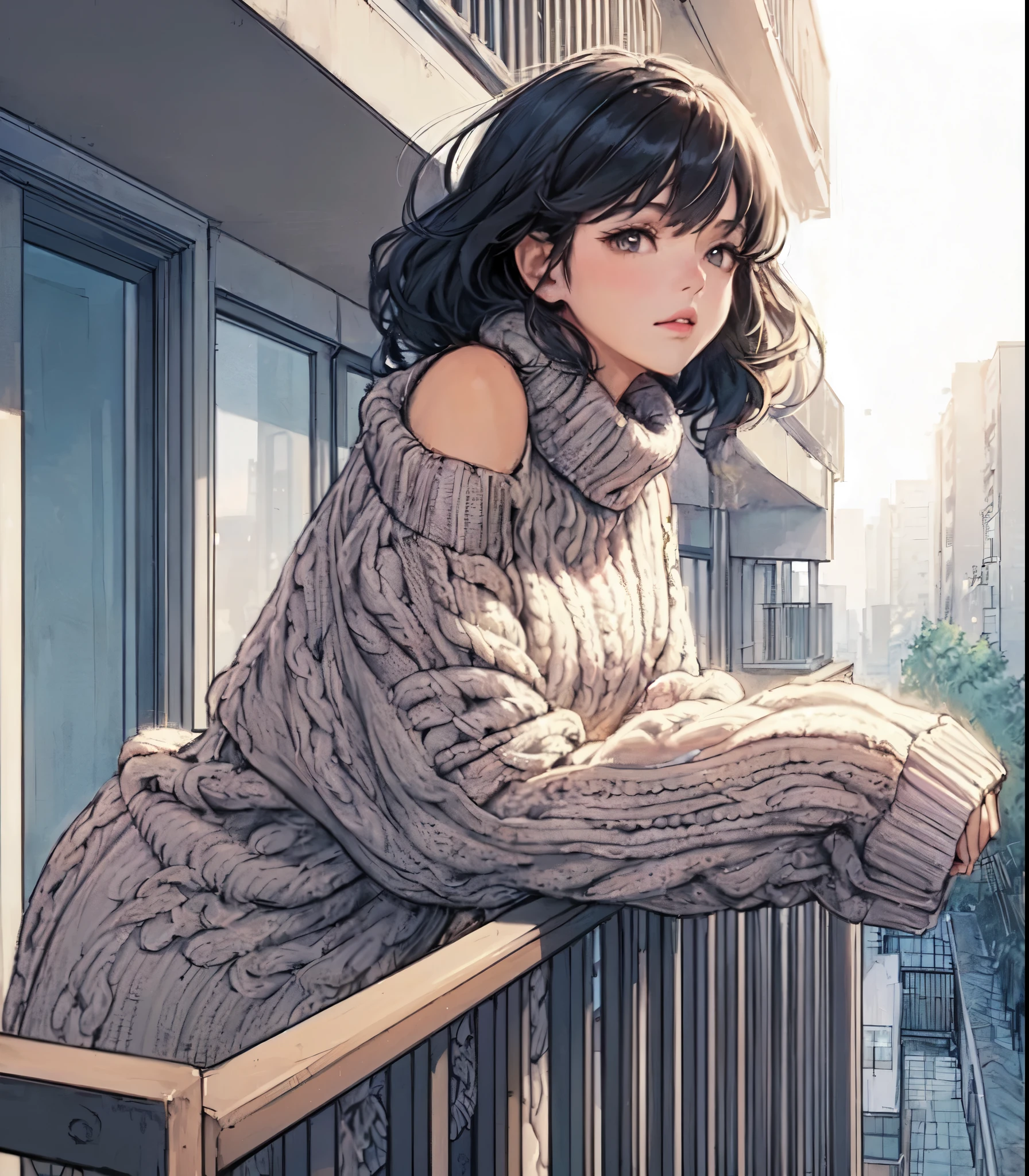 1lady standing, (leaning on railing of balcony with elbow:1.2) (gazing into the distance), (bulky knit sweater) stylish, mature female, /(black hair/) bangs, (melancholic expression:0.6) (light blush:0.8), (masterpiece best quality:1.2) delicate illustration ultra-detailed, medium breasts BREAK (typical apartment balcony) outdoors, street, sky, detailed background