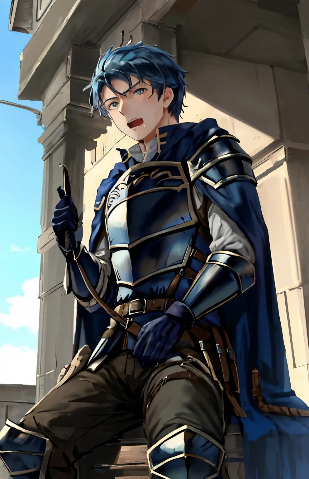 Hector Fey, Ultra High Quality CG, Solo, View from Underneath, Open Mouth, Sweaty, Wet, Drooling, Gloves, 1boy, Crotch Close-up, Crotch View, (sitting) straddling, Split legs, male focus, sky, clouds, cape, armor