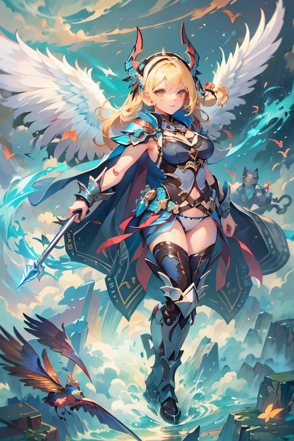 masterpiece, best quality, full body, clouds, sky, flying
 morrigansmt, wings, armor, helmet, blonde hair, long hair, (colored skin:1.2), yellow eyes