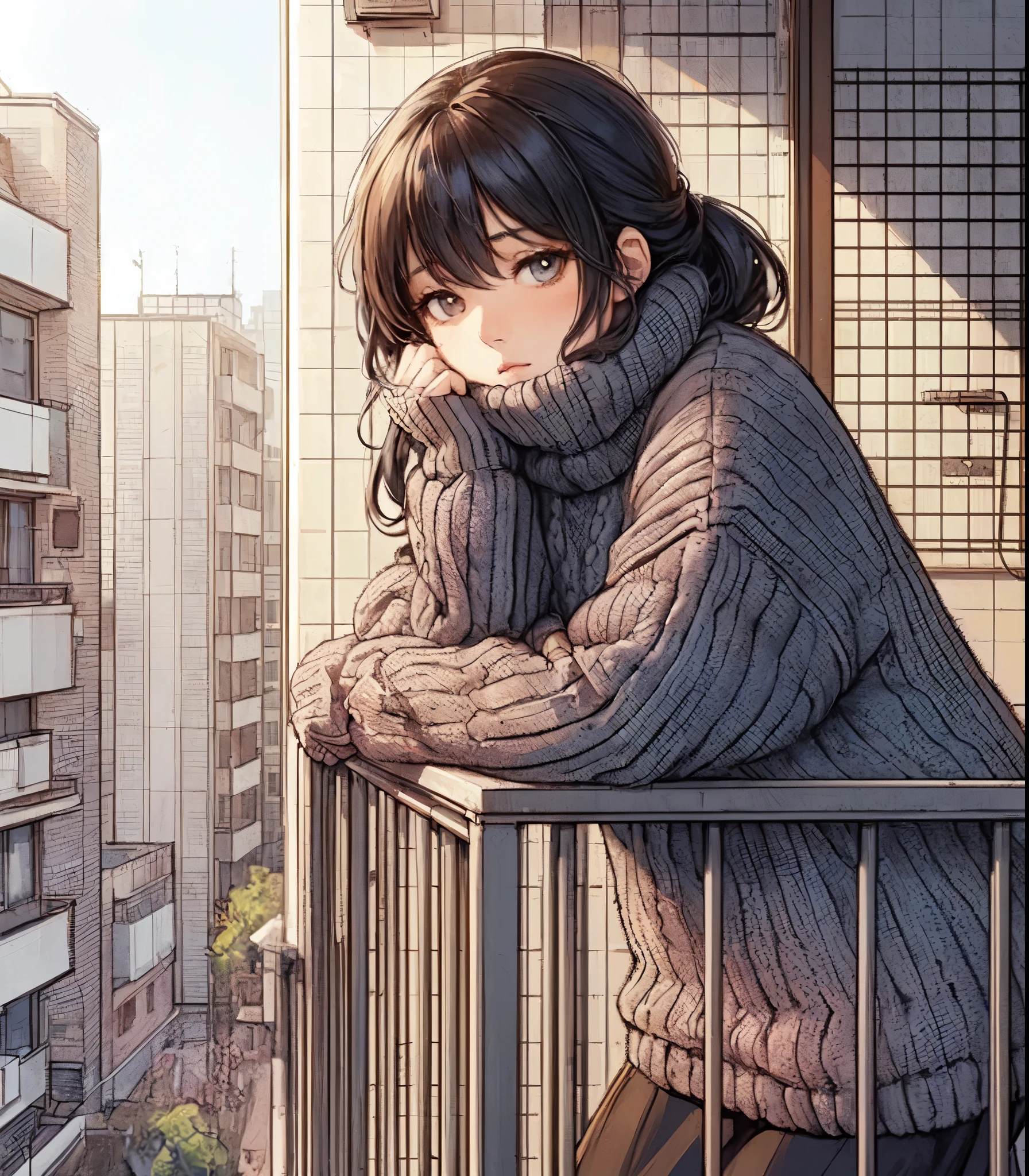 1lady standing, (leaning on railing of balcony with elbow:1.2) (gazing into the distance), (bulky knit sweater) stylish, mature female, /(black hair/) bangs, (melancholic expression:0.6) (light blush:0.8), (masterpiece best quality:1.2) delicate illustration ultra-detailed, medium breasts BREAK (typical apartment balcony) outdoors, street, sky, detailed background