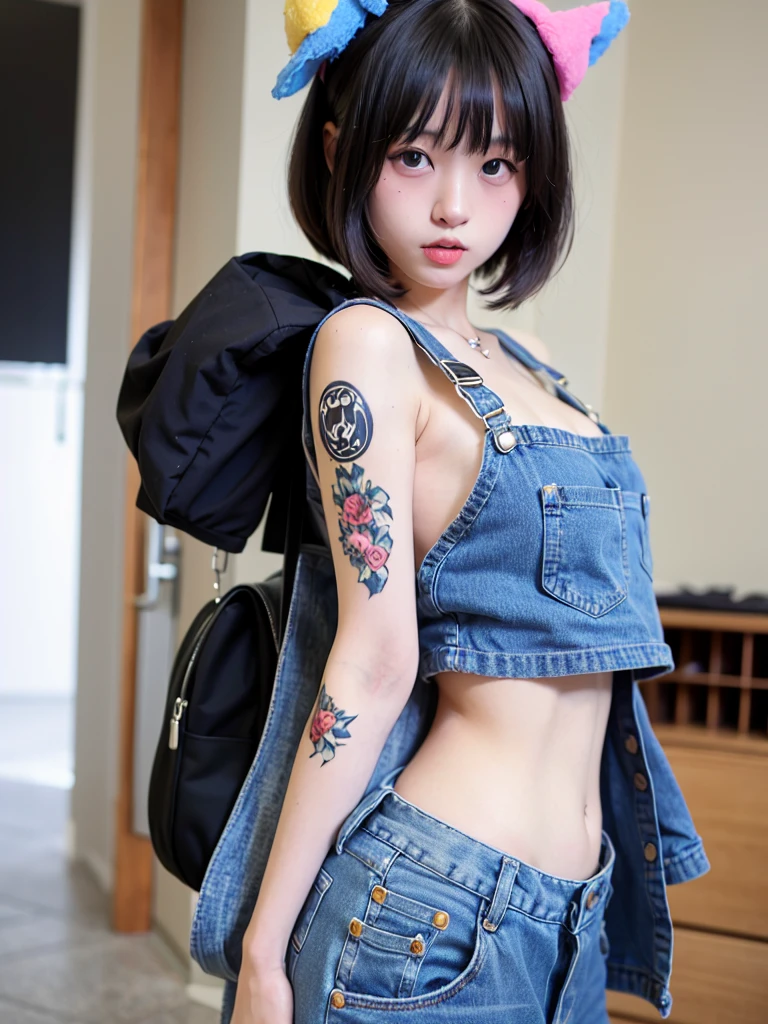 punk fashion girl、Brightly colored tattoos all over the body, standing sideways and looking back at you.、Navel piercing、Nipple piercing、Denim overalls on bare skin、gothic hair accessories、