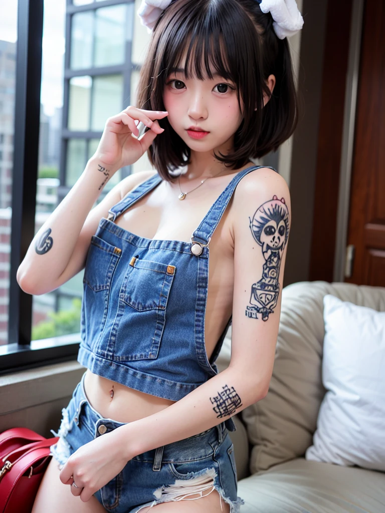 high resolution、high contrast、Bright colors合い、high brightness、High definition、最高masterpiece、8K quality、(((strong sunlight)))、Sun rays、squirt, Sparkling water mist、1, cheeky girl、、cool look、(look up from below)、(Invincible smile),(((topless)))、((cover one's chest with one's hands:1.5))、(denim shorts),, (lace up boots)slender、 (),、全身にカラフルなtattoo, Bright colors, masterpiece, disorganized, Aesthetic (tattoo:1.3), body piercing、earrings、bracelet、belly button piercing、