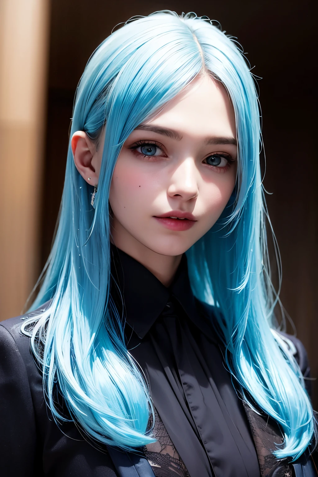 Ultra-realistic portrait of a woman , cyan eyes, portrait photography, realistic, dynamic lighting, art station, poster, voluminous lighting, highly detailed face, 4k, award-winning, 1 girl, evil smile, in the dark, deep shadow, private key, cowboy shot (Formal wear: 1.4), long hair, white colored hair, chuuChloe,