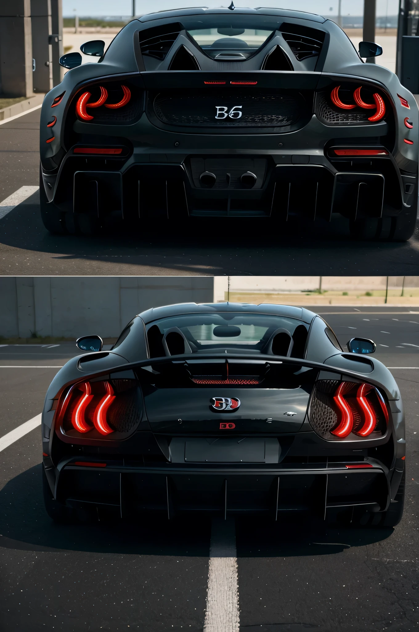 a sports car with a rear view from a Bugatti Divo and a rear view from a Bugatti Chiron