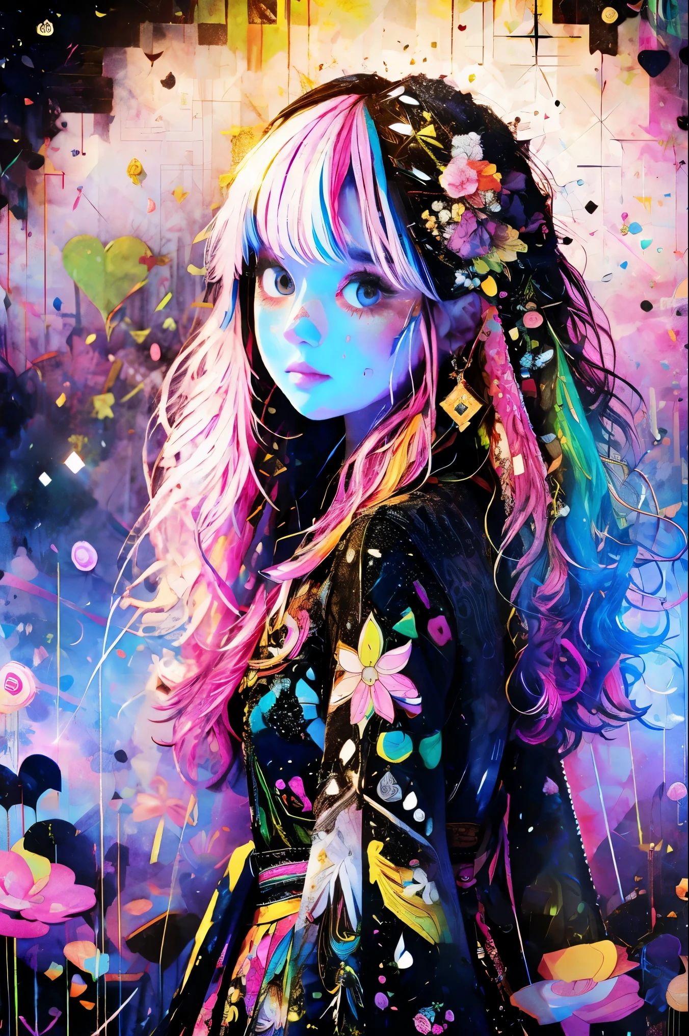 absurdres, highres, ultra detailed, (line art:1.5), (1girl:1.3), cute, kawaii,  
water color glitter paint dripping freely, 
long hair, curly hair, loose hair, big hair, dense hair, pink hair, purple eyes, breathtaking:1.3, 
intricate costume,  shirt, skirt, 
(flowers, petals), 
(glowing hair, realistic:1), (smooth skin, realistic:1), (eyes, bright:1), 
psychedelic, fractal, glitter, 