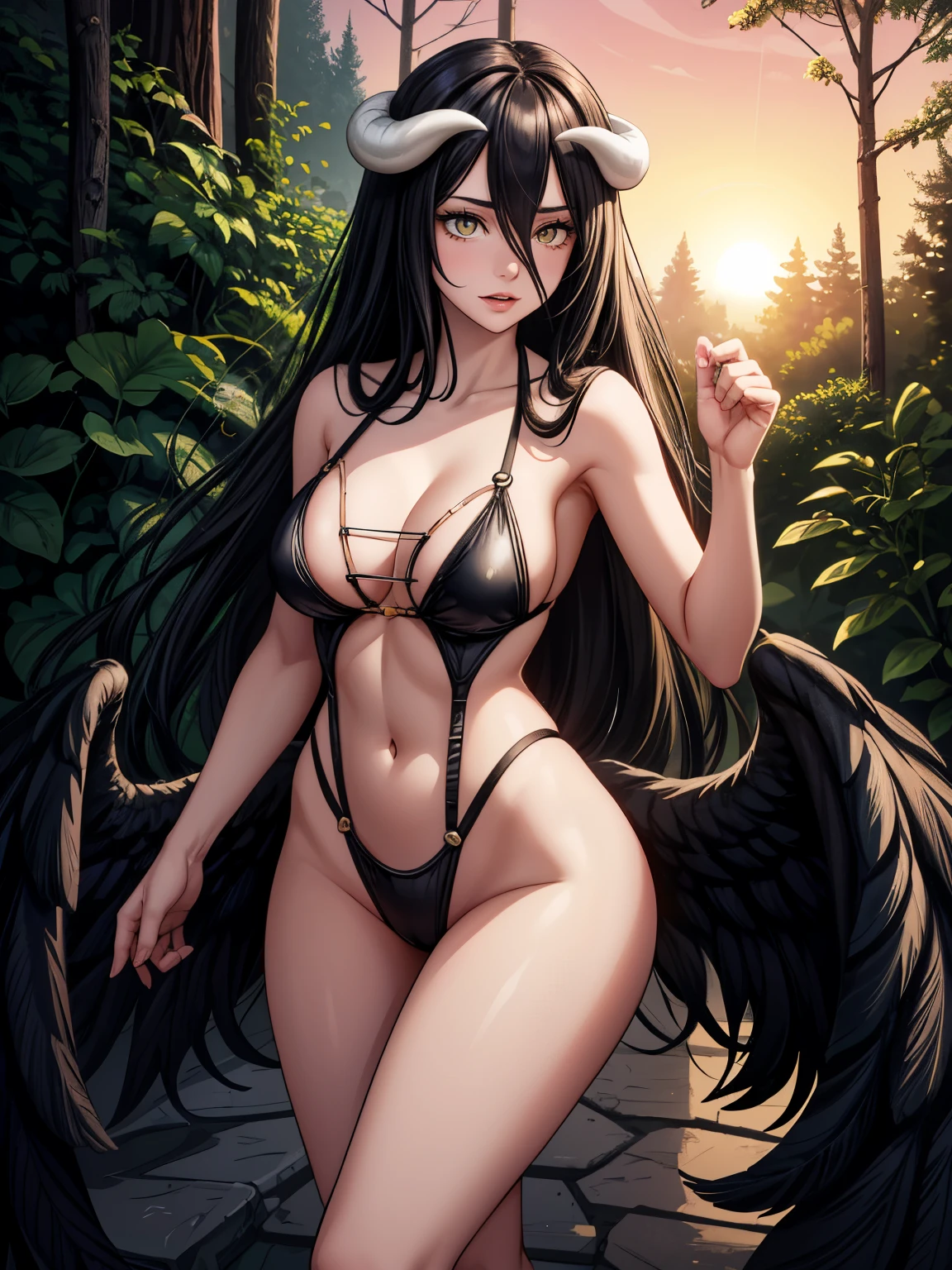((masterpiece)), (best quality),, official art, extremely detailed CG unity 8k wallpaper, highly detailed, shiny skin, Depth of field, vivid color,, 1girl, (curvy:0.6), (full body:0.8), girl wearing sexy clothes, sexy , portrait sophie mudd, casual pose, gorgeous young model, cute young woman, a beautiful -aged girl, very pretty model, young , cute young girl, beautiful young girl, beautiful model, long black hair, dark hair, shiny hair, young and cute girl, girl, Albedo, Overlord, Albedo anime, anime, looking at me, high shadow texturing, shadows included, looking epic, epic background, epic place, single person, nobody else, wearing swimsuit,horns, wearing somethink cute, wearing cute dress, adorable, kawaii, cute, proud, happy, definision of happines, sun is shining, sunshine, epic lighting, sunning, 18+ , epic background, super epic backgorund, backgorund theme, suepr shadowing, shadows, dynamic lighting, wearing sexy clothes of random color, (Background: forest,old town, sunset, sunny forest, nature)