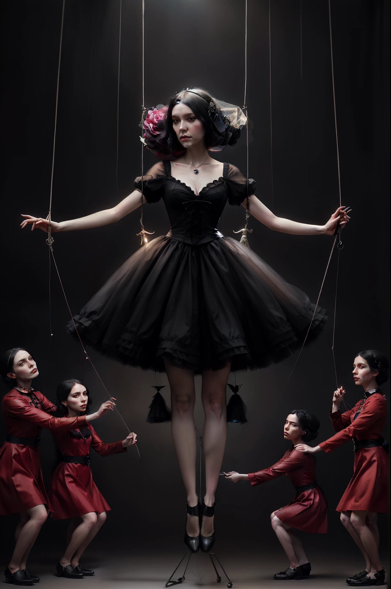 a close up of a real woman suspended on strings with other women, artstyle tom bagshaw, art tom bagshaw, natalie shau tom bagshaw, tom bagshaw artstyle, style of tom bagshaw, tom bagshaw style, adrian borda, inspired tom bagshaw, puppet on a string, dark ballerina, inspired by Ray Caesar