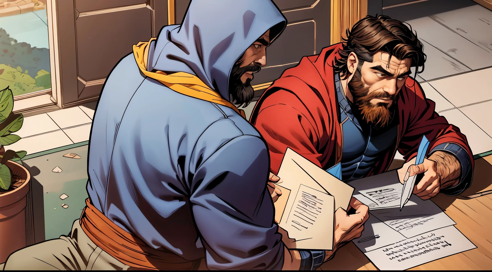 desenho animado, of a bearded man sitting on the floor writing a letter, There's a man standing, biblical style, estilo antigo, melhor qualidade, high resolution, arte digital, marvel style comic book.