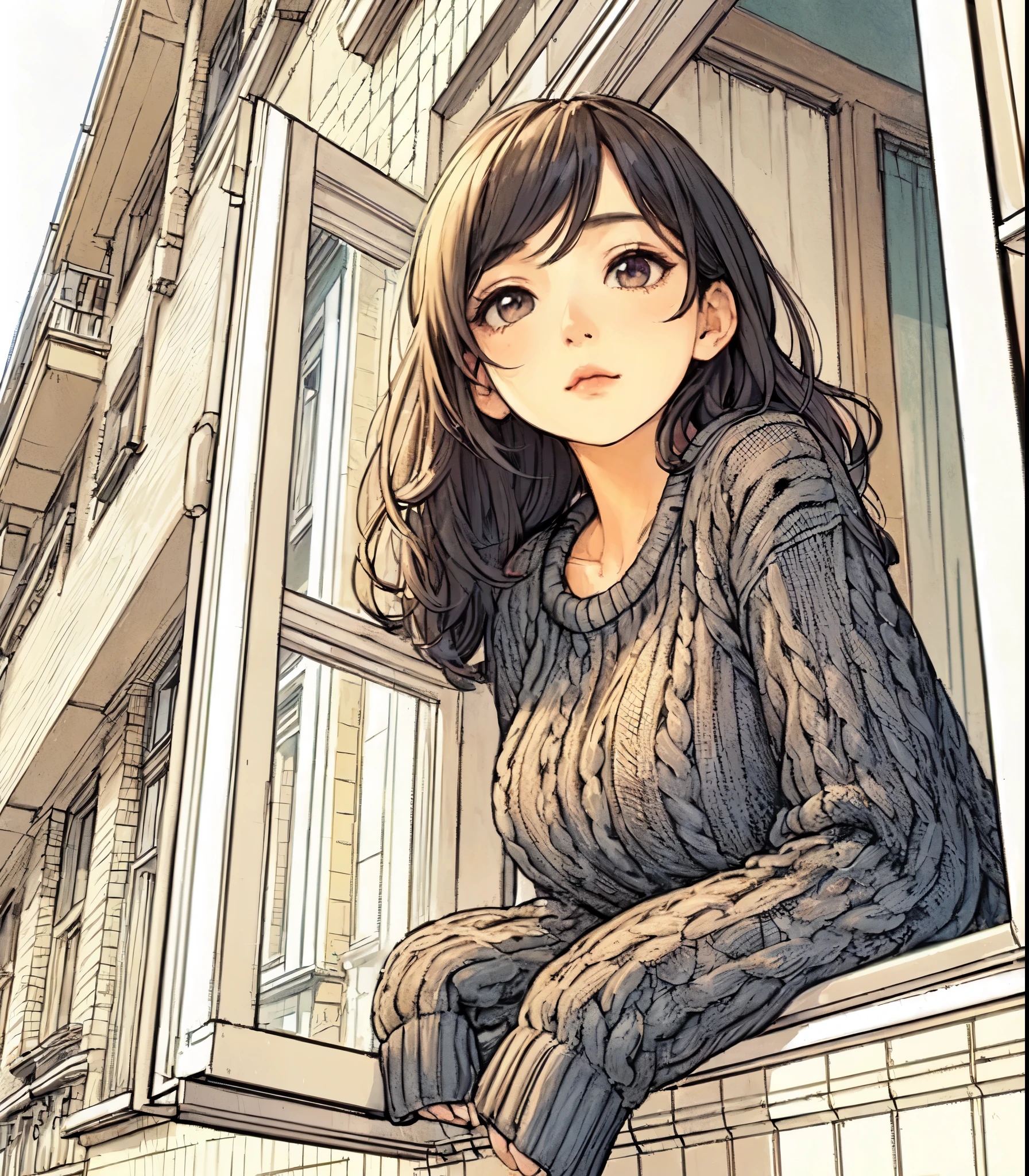 1lady standing, (leaning on railing of balcony with elbow:1.2) (gazing into the distance), (bulky knit sweater) stylish, mature female, /(black hair/) bangs, (melancholic expression:0.6) (light blush:0.8), (masterpiece best quality:1.2) delicate illustration ultra-detailed, medium breasts BREAK (typical apartment balcony) outdoors, street, sky, detailed background