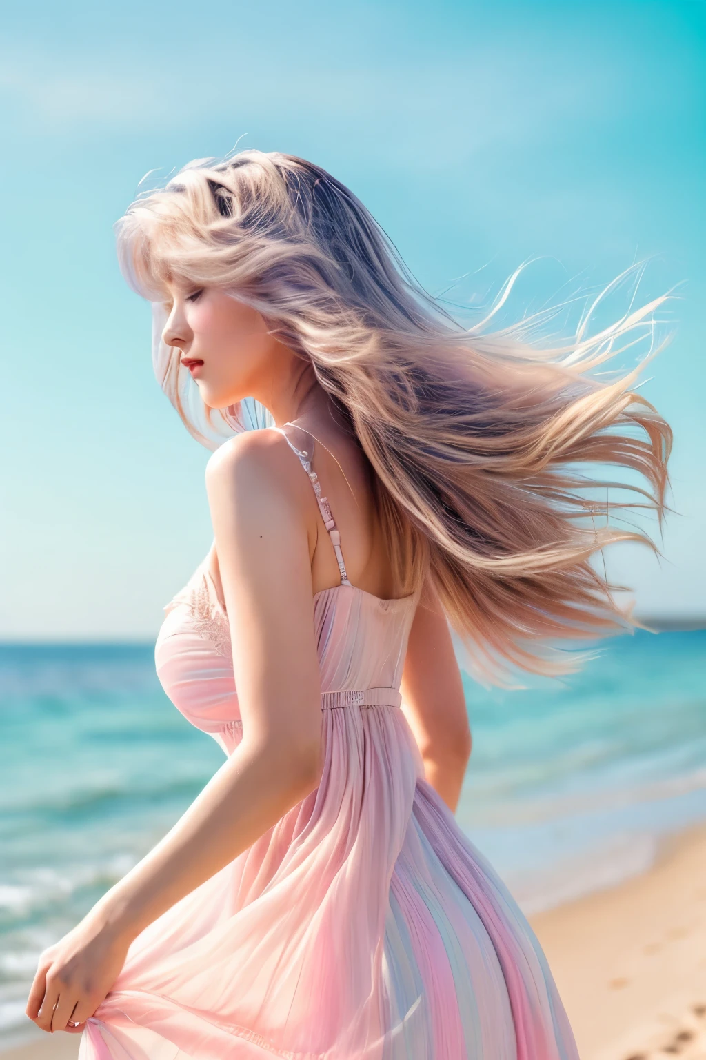 Realistic, (masterpiece:1.4, best quality), (intricate details), unity 8k wallpaper, ultra detailed, (pastel colors:1.3), Ivory colour transparent dress, breeze blows hair, Big breasts, thin waist, 1girl, detailed, solo, Beach