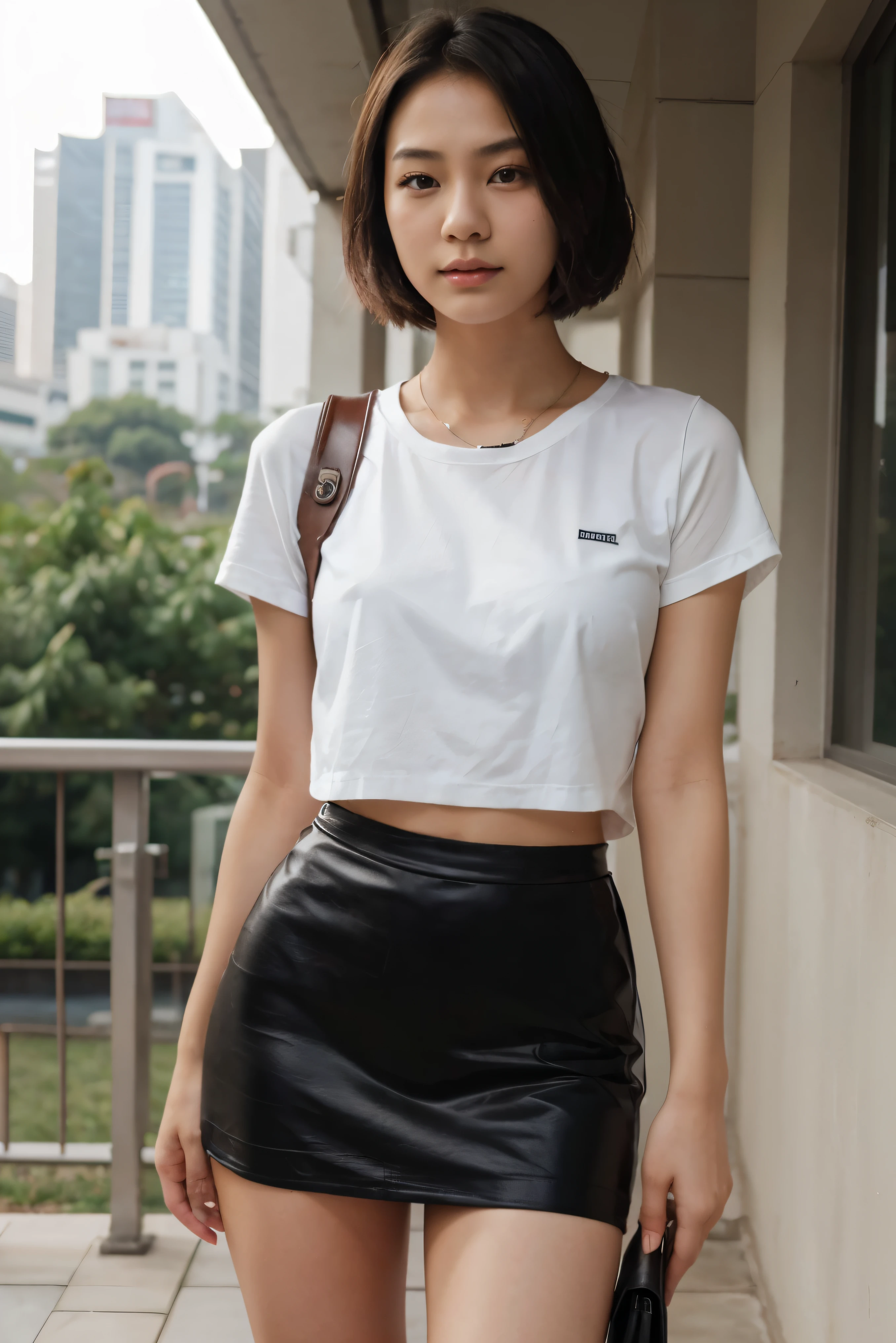 18 years old thai half korean girl , black short skirt ,shorthair ,white shirt, beautiful ,sexy.