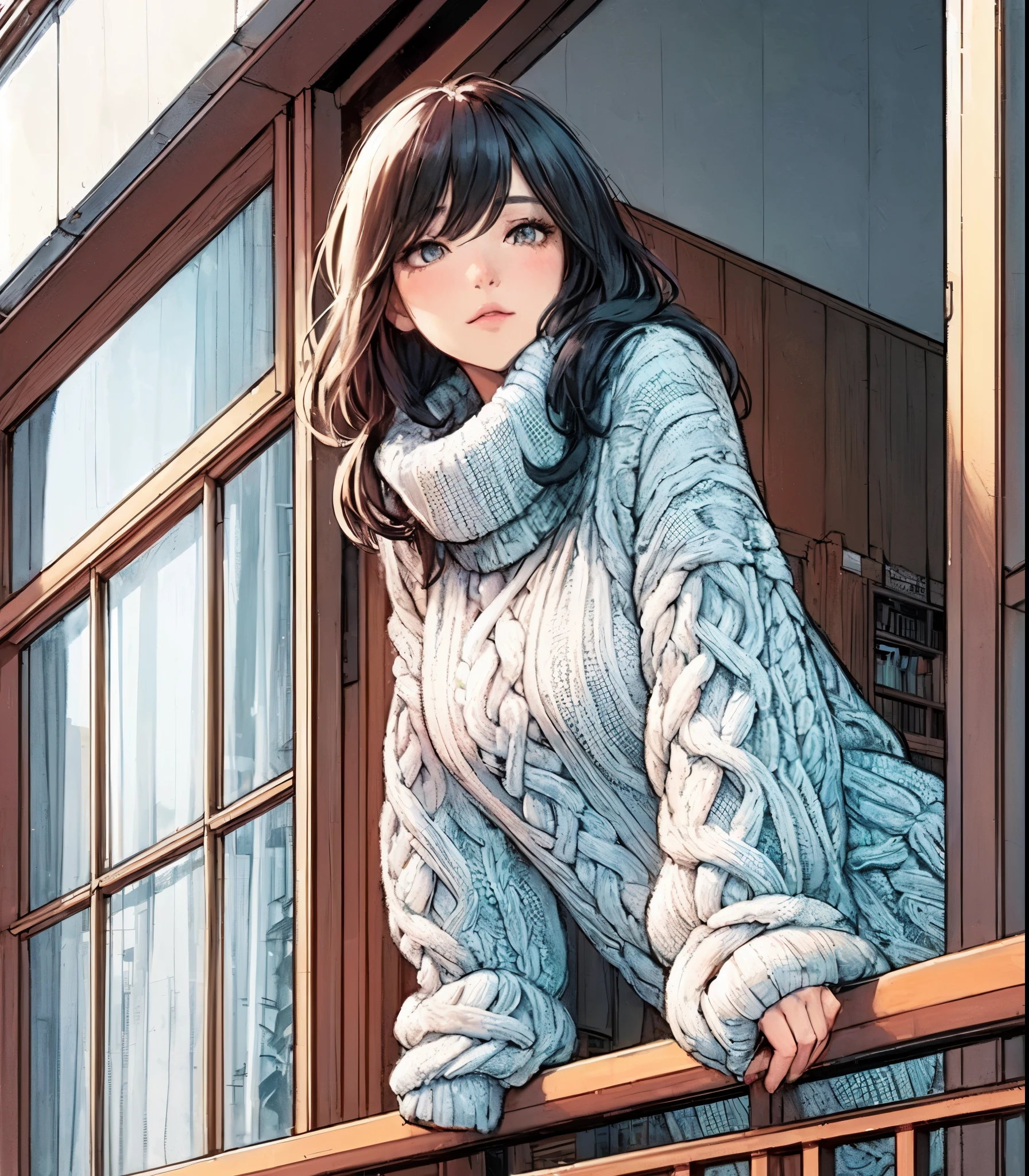 1lady standing, (leaning on railing of balcony with elbow:1.2) (gazing into the distance), (bulky knit sweater) stylish, mature female, /(black hair/) bangs, (melancholic expression:0.6) (light blush:0.8), (masterpiece best quality:1.2) delicate illustration ultra-detailed, medium breasts BREAK (typical apartment balcony) outdoors, street, sky, detailed background