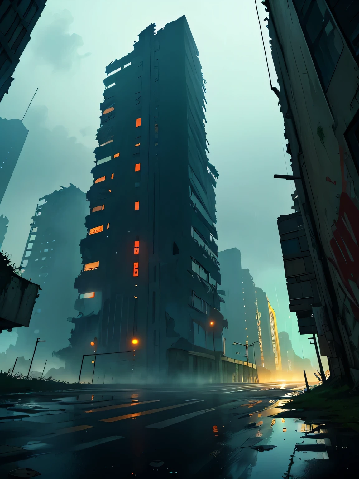 View from window. old abandoned mega city. Post soviet. Ruined buildings. Brutalism architecture. Old graffitis. technoir. neonoir, blade runner vibes. Post apocalyptic environment. ruined tall buildings in the foreground. old air conditions. old water-pipes. rain, fog, night. wet road. hell