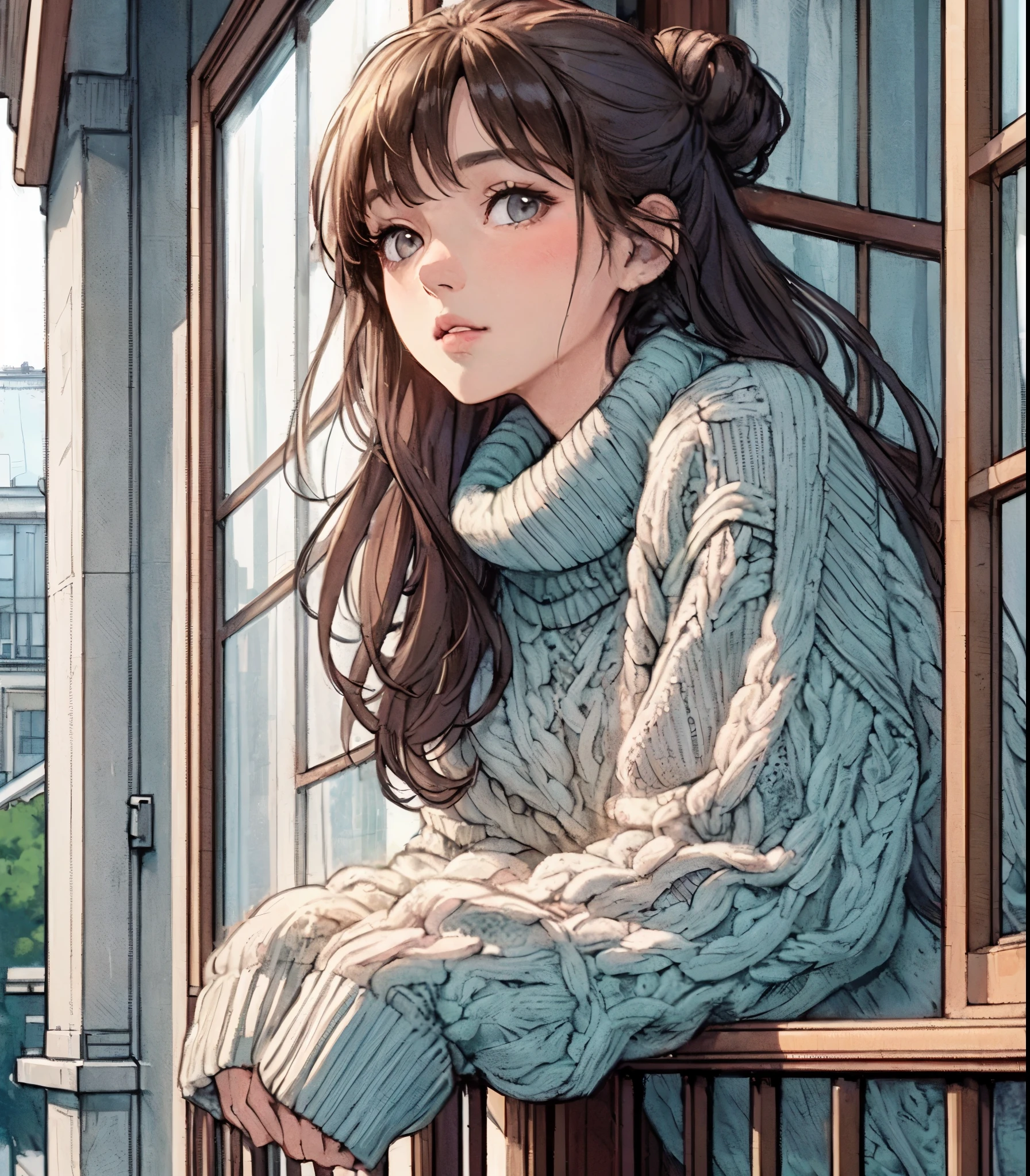 1lady standing, (leaning on railing of balcony with elbow:1.2) (gazing into the distance), (bulky knit sweater) stylish, mature female, /(black hair/) bangs, (melancholic expression:0.6) (light blush:0.8), (masterpiece best quality:1.2) delicate illustration ultra-detailed, medium breasts BREAK (typical apartment balcony) outdoors, street, sky, detailed background
