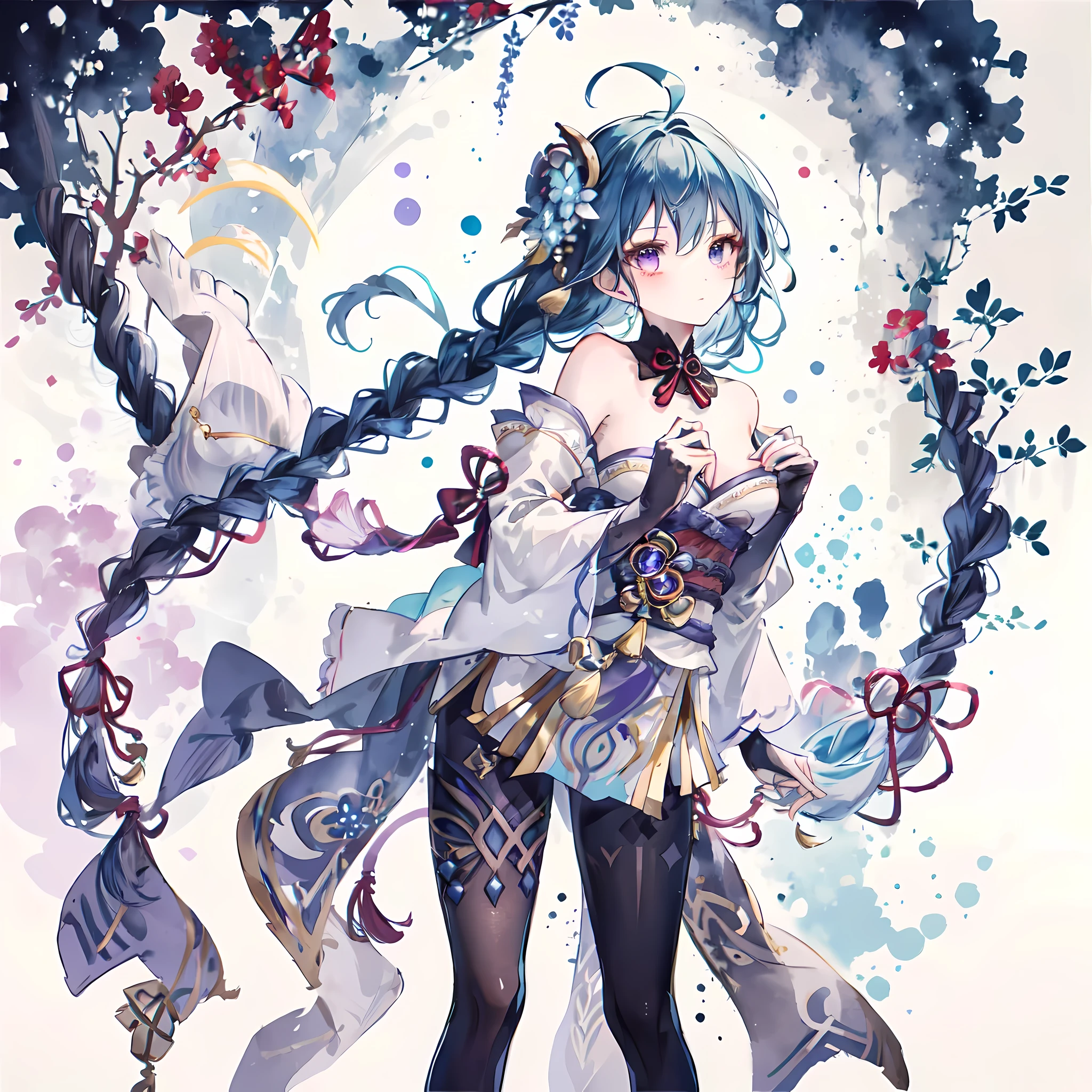 ganyu\(genshin impact\), 1girl, ahoge, architecture, bangs, bare shoulders, bell, black gloves, black tights, ((blue hair)), blush, breasts, chinese knot, sleeves, East Asian architecture, flower knot, gloves, long hair, looking at the audience, mid-chest, night, outdoors, pantyhose, purple eyes, sideburns, solo, tassels, white sleeves, ((masterpiece)), ink style
