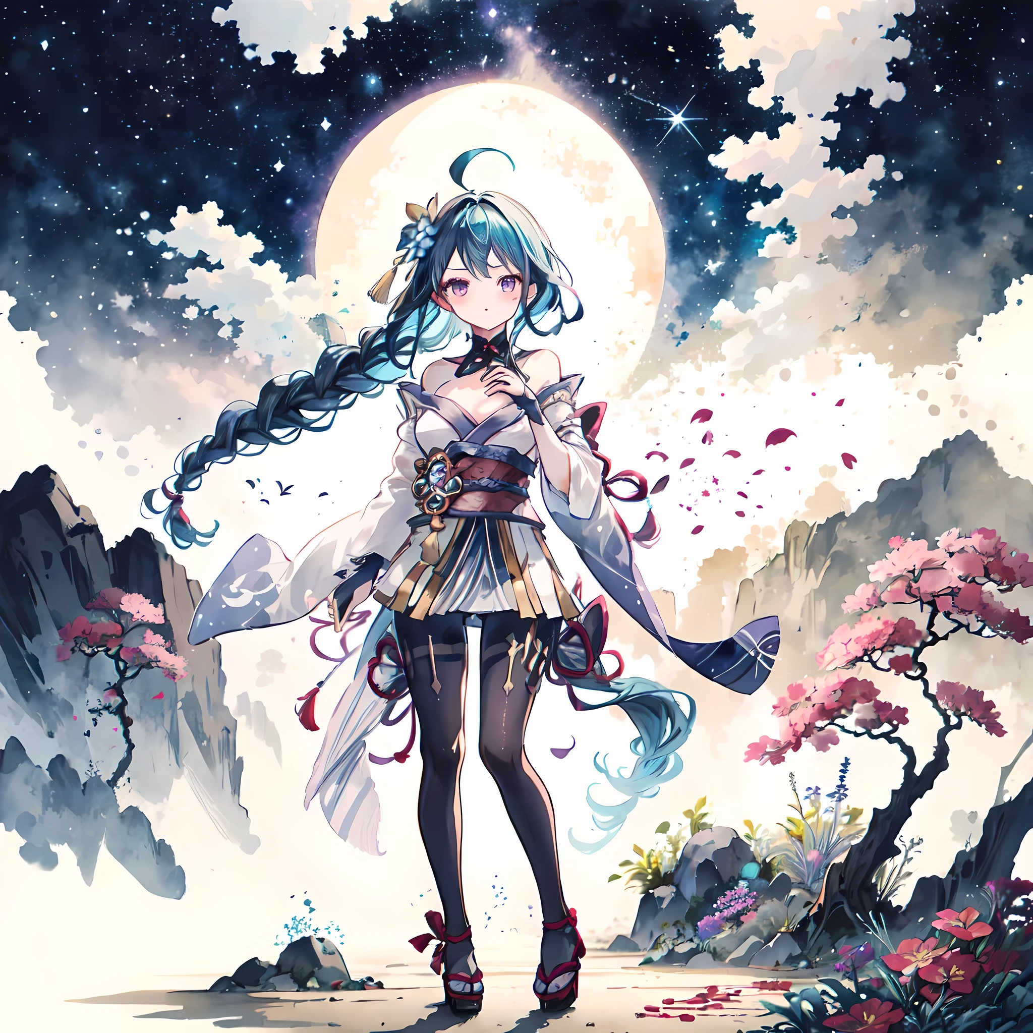 employment\(Genshin Impact\), 1 girl, ahog, architecture, Bangs, bare shoulders, bell, black Gloves, black leggings, ((blue hair)), blush, breast, Chinese knot, sleeve, East Asian architecture, flower knot, Gloves, long hair, looking at the audience, Medium chest, night, outdoor, pantyhose, purple eyes, temple, alone, tassel, white sleeve, ((masterpiece)), ink style