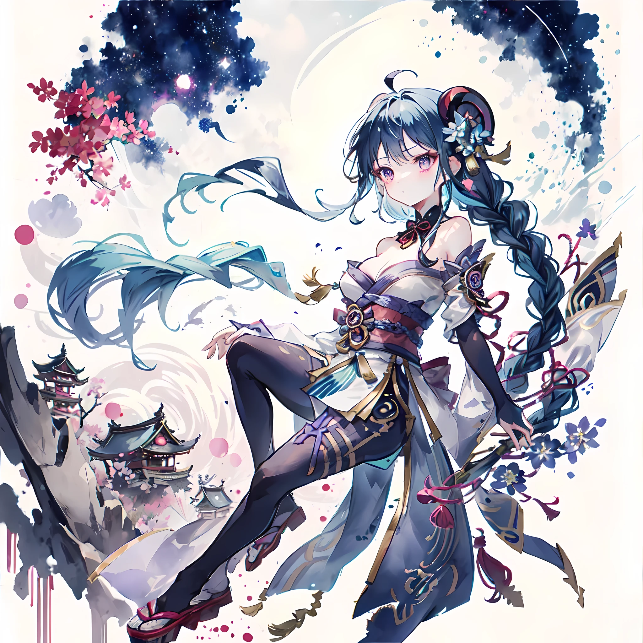 employment\(Genshin Impact\), 1 girl, ahog, architecture, Bangs, bare shoulders, bell, black Gloves, black leggings, ((blue hair)), blush, breast, Chinese knot, sleeve, East Asian architecture, flower knot, Gloves, long hair, looking at the audience, Medium chest, night, outdoor, pantyhose, purple eyes, temple, alone, tassel, white sleeve, ((masterpiece)), ink style