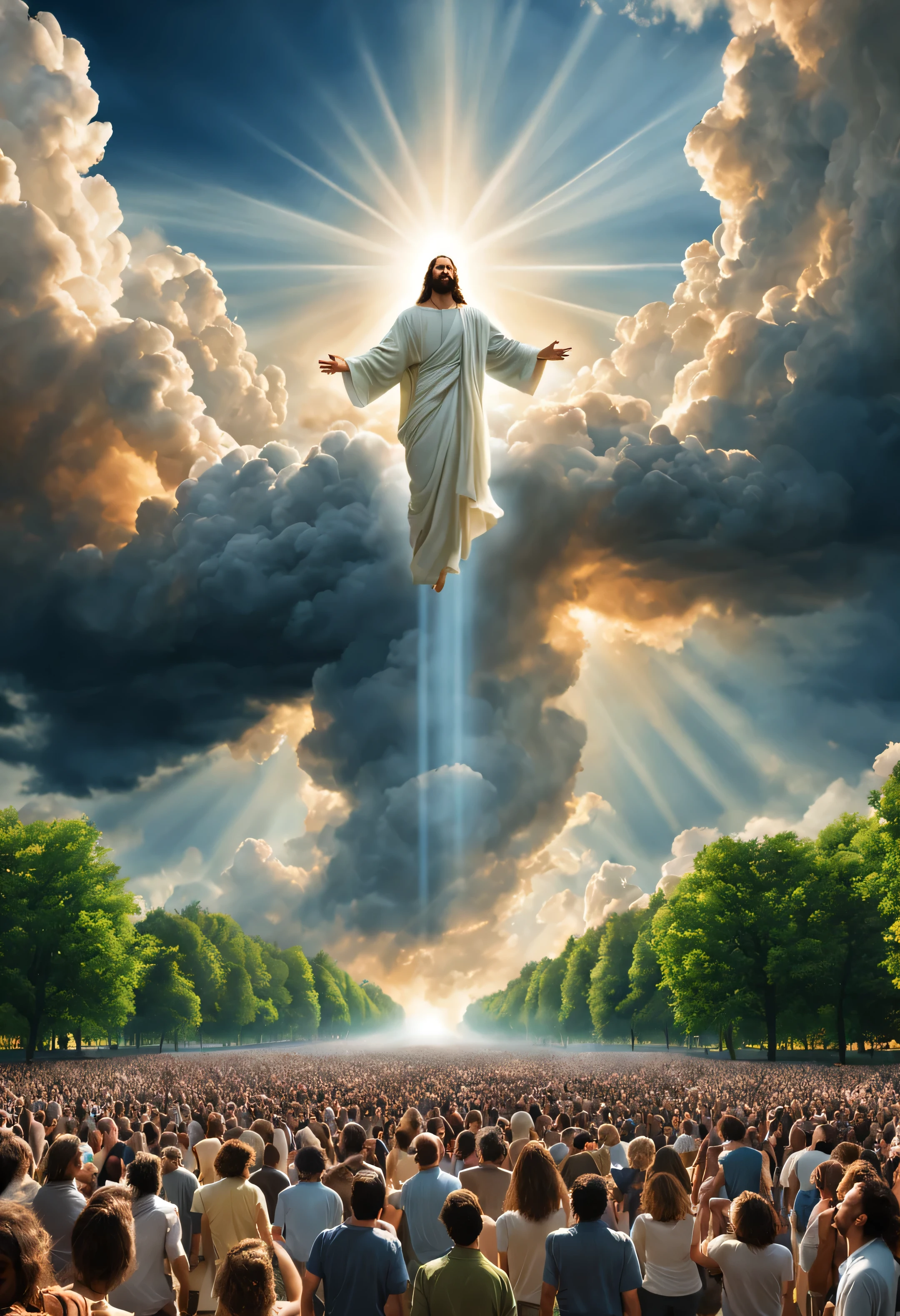 arafed image of a large crowd of people in a park, beautiful image ever created, incredible masterpiece, heaven on earth, jesus christ, second coming, great masterpiece, cant believe it is real, heaven, the rapture, powerful photo, unbelievable, epic masterpiece, stunning sight, the cloud Jesus appeared on the sky to surprise the large crowed people in a park