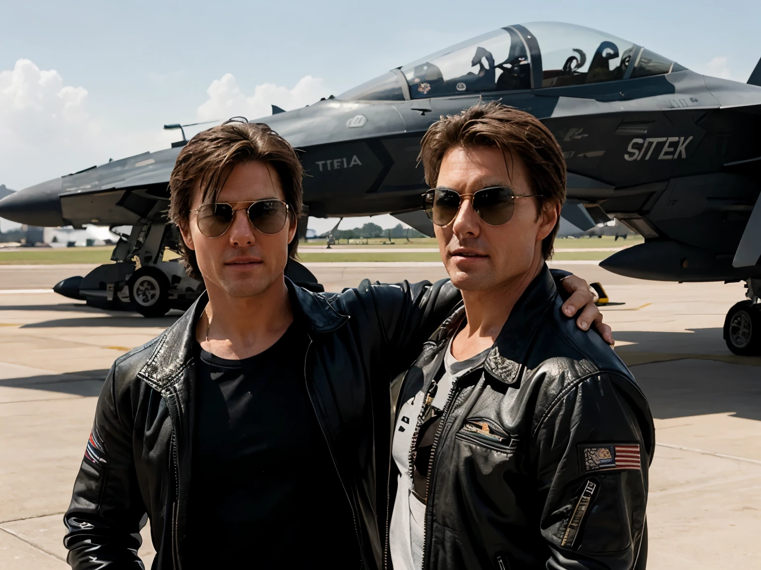 The actor tom cruise stood next to his best friend in front of a fighter jet. No sunglasses