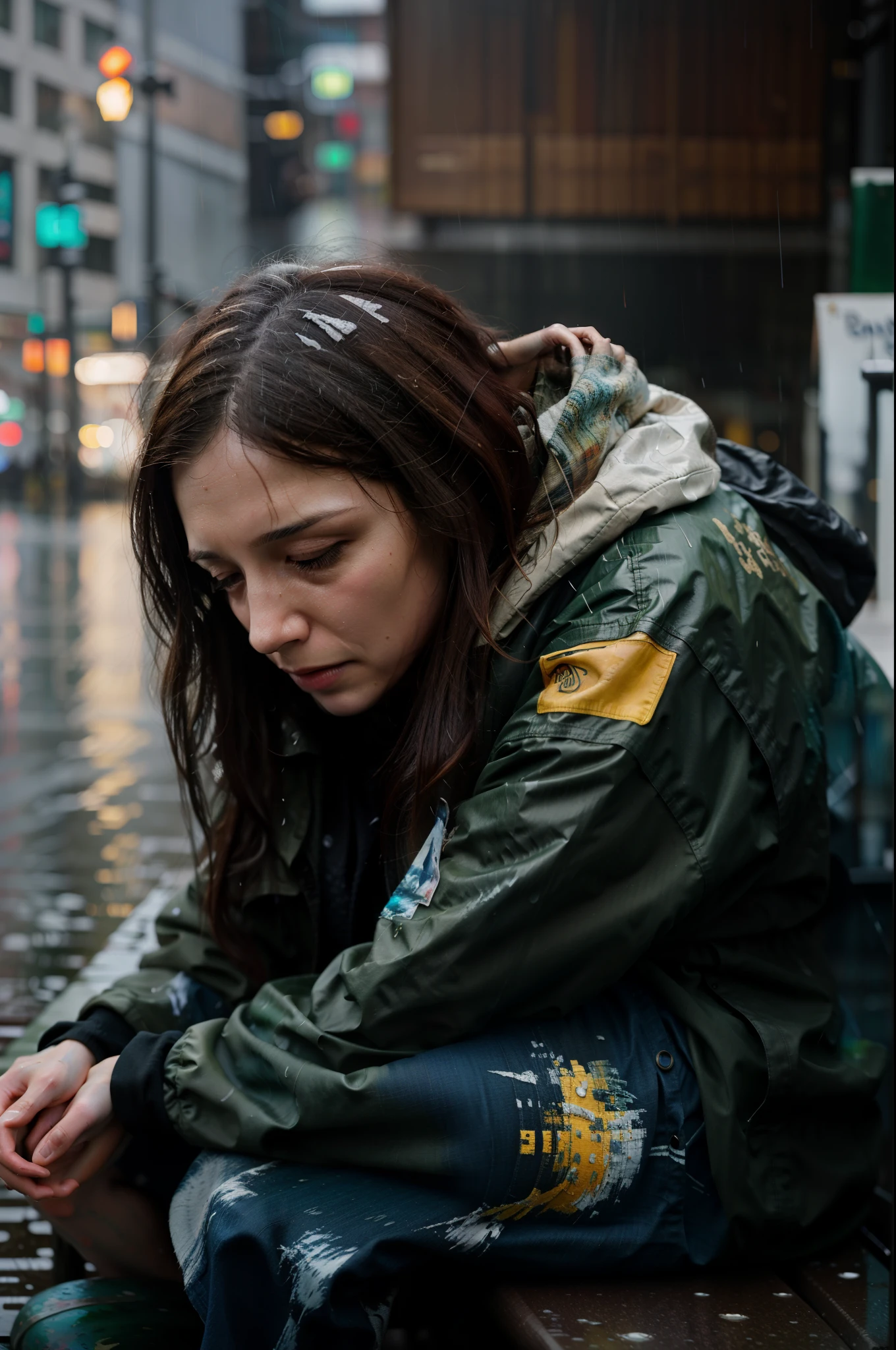 of a real woman sitting on a bench in the rain, realistic illustrative painting, emotional sad painting, oil painting of realistic woman, realistic oil painting, super realistic painting style, beautiful realistic painting, emotional concept art, realistic digital painting, cyberpunk homeless, wadim kashin. ultra realistic, emotional oil painting, photorealistic digital painting, high quality digital painting, realistic painting