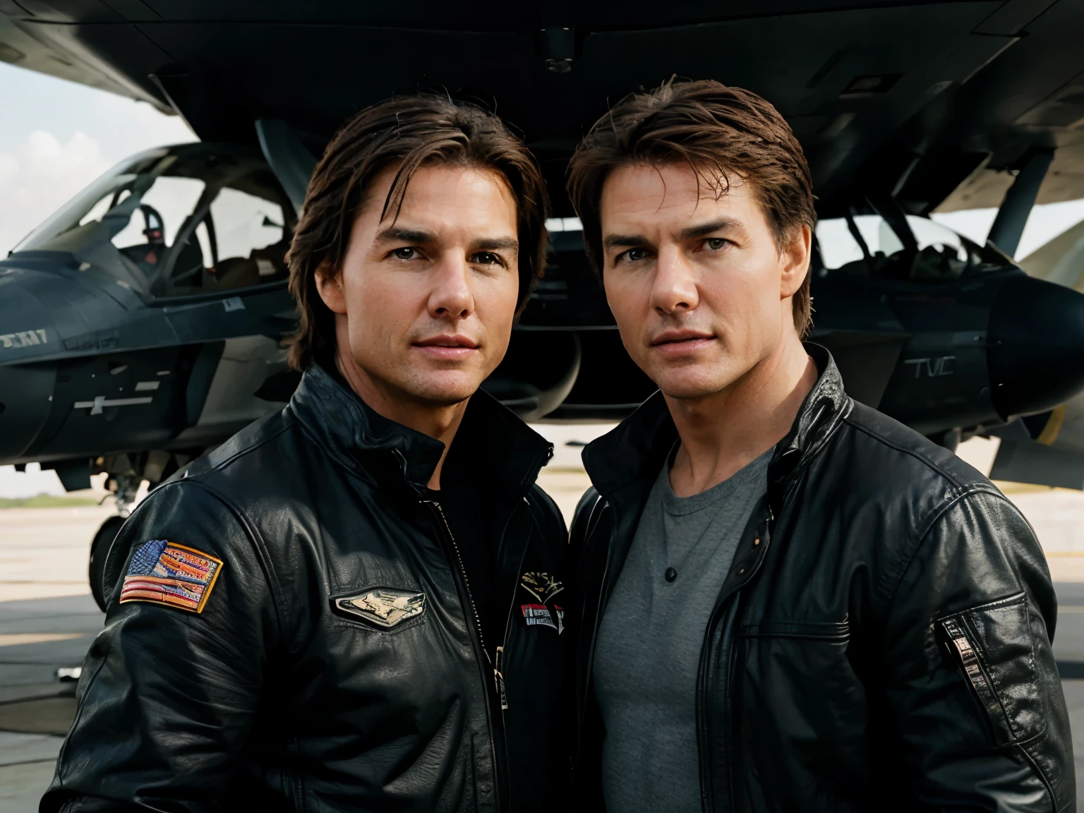 The actor tom cruise stood next to his best friend in front of a fighter jet. No sunglasses