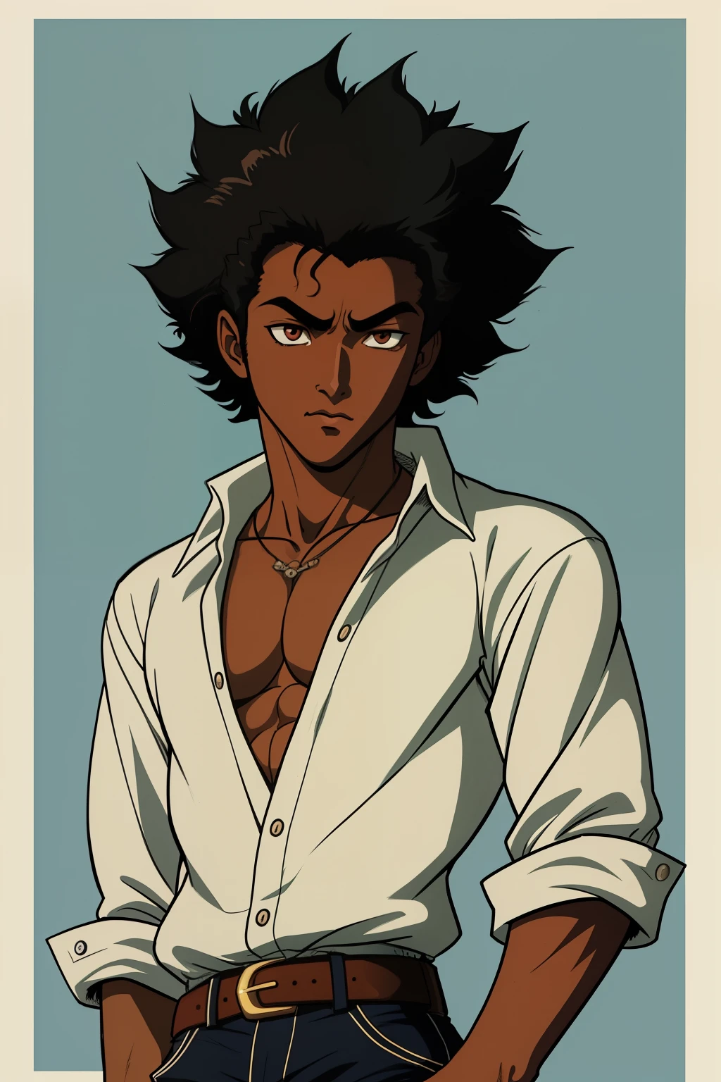 ((estilo anime dos anos 90)), Ultra detailed illustration of a dark-skinned teenage gangster with dark afro hair wearing 1990s clothing, em Los Angeles 1990, ((arte de Masakazu Katsura)), Akira, cowboy bebop, samurai champloo, trigun , Vampire Hunter, rosto ultra detalhado, linhas de tinta em negrito, cel shaded, cores suaves e suaves, lomographic colors, vintage quente, vinheta escura
