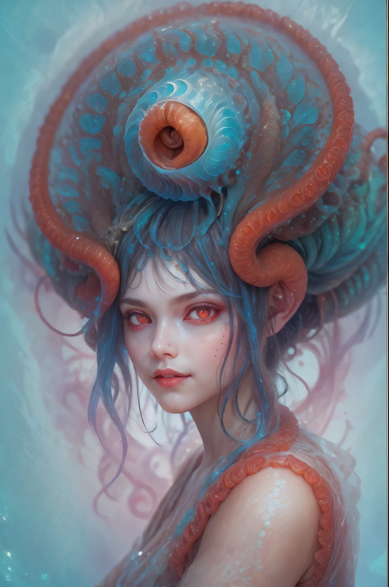 Portrait, (beautiful female alien:1.2), (she has red eyes with no pupils:1.8), (Translucent skin:1.7), (There is a female genital-like organ in the middle of the forehead:1.9), (The most beautiful face in the history of the universe:1.2),an evil gaze that seduces, (large mouth:1.1), (sharp teeth like a vampire:1.2), Full body portrait, (bio luminescent:1.5), (Smile wickedly:1.3), (sexypose:1.5), alien, No humans, cells are fused, (Lots of translucent tentacles:1.3) extraterrestrial, cell, bio image, best quality, 8K,In 4K_quality, High freshness, Dramatic Lighting, masutepiece:1.5,cinematic quality, detail up, (exquisite details:1.2), high resolution, High freshness, drawing faithfully, (Thick eyebrows:1.2), Beautiful eyes with fine symmetry,(Highly detailed face and eyes:1.2), Intimate face, (Super detailed skin quality feeling:1.4), perfect anatomy, (Beautiful toned body:1.5), (Moist skin:1.2), not wearing makeup, (dark circles:1.1), long canines, cinematic drawing of characters, ultra high quality model, cinematic quality, detail up, (exquisite details:1.2), high resolution, High freshness, drawing faithfully, official art, Unity 8K Wall , 8K Portrait, best quality, Very high resolution, ultra detailed artistic photography, midnight aura, unreal engine 5, Ultra Sharp Focus, art by alberto seveso, ArtGerm, Roisch, intricate artwork, best quality, masterpiece, ultra high resolution, (photos realistic:1.4), ultra realistic realism, dream-like, nautilus, Creation of fantasy, Snail, Dream Snail, (biopunk nautilus:1.3),Thrilling color schemes, ultra realistic realism, seductively smiling, Blue tentacles,