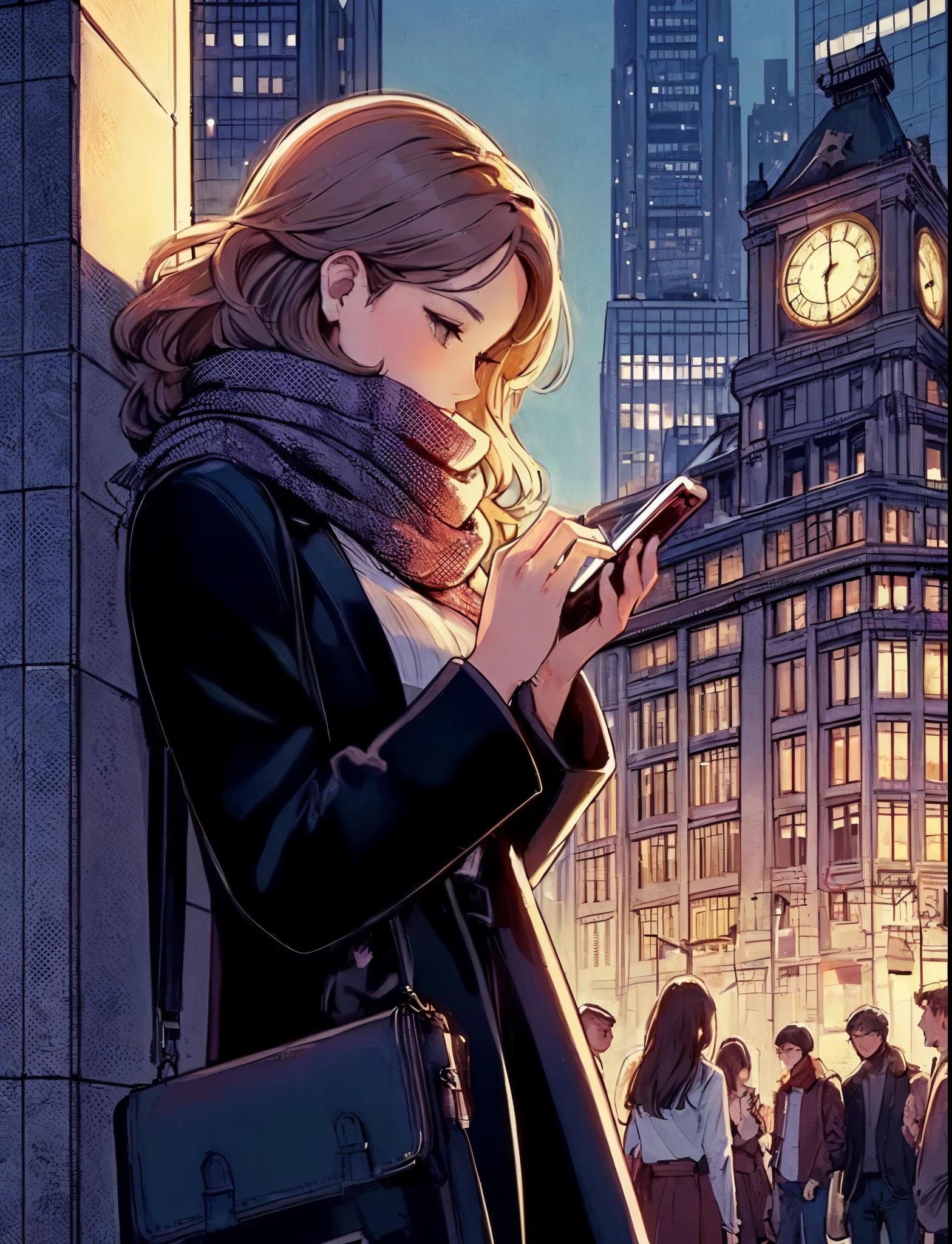 1lady standing, (leaning against the wall) (looking at cellphone), (stylish outfit) scarf, mature female, /(light brown hair/) bangs, (masterpiece best quality:1.2) delicate illustration ultra-detailed, medium breasts, holding a bag BREAK (bustling cityscape) outdoors, large clock tower, (at dusk), crowded, detailed background