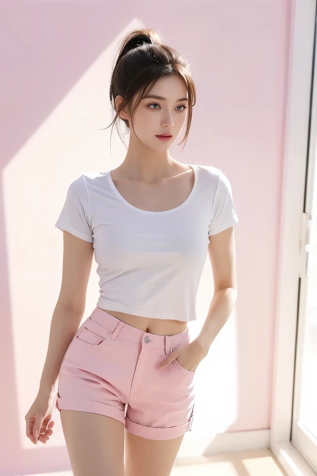(best quality, hd, ultra-detailed, realistic:1.37), 1girl, blank white tshirt, blue eyes, short pants, ponytails, models, high heels, walk, blank pink background, vibrant colors, sunlight, natural ambience, professional lighting, soft shadows, summertime, energetic, youthful, lively, in door photoshoot, valentine theme, gift box, 4k resolution