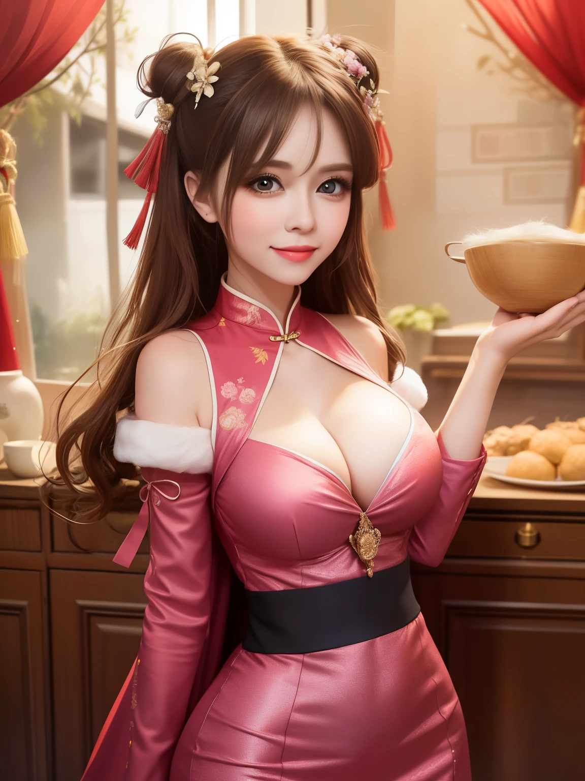 (Dasha Taran),Upper body,Big eyes,small face,China dress,China dress（chai pao),thick body:1.8,huge breasts:1.6,Loose and fluffy curls,Glossy skin,smile