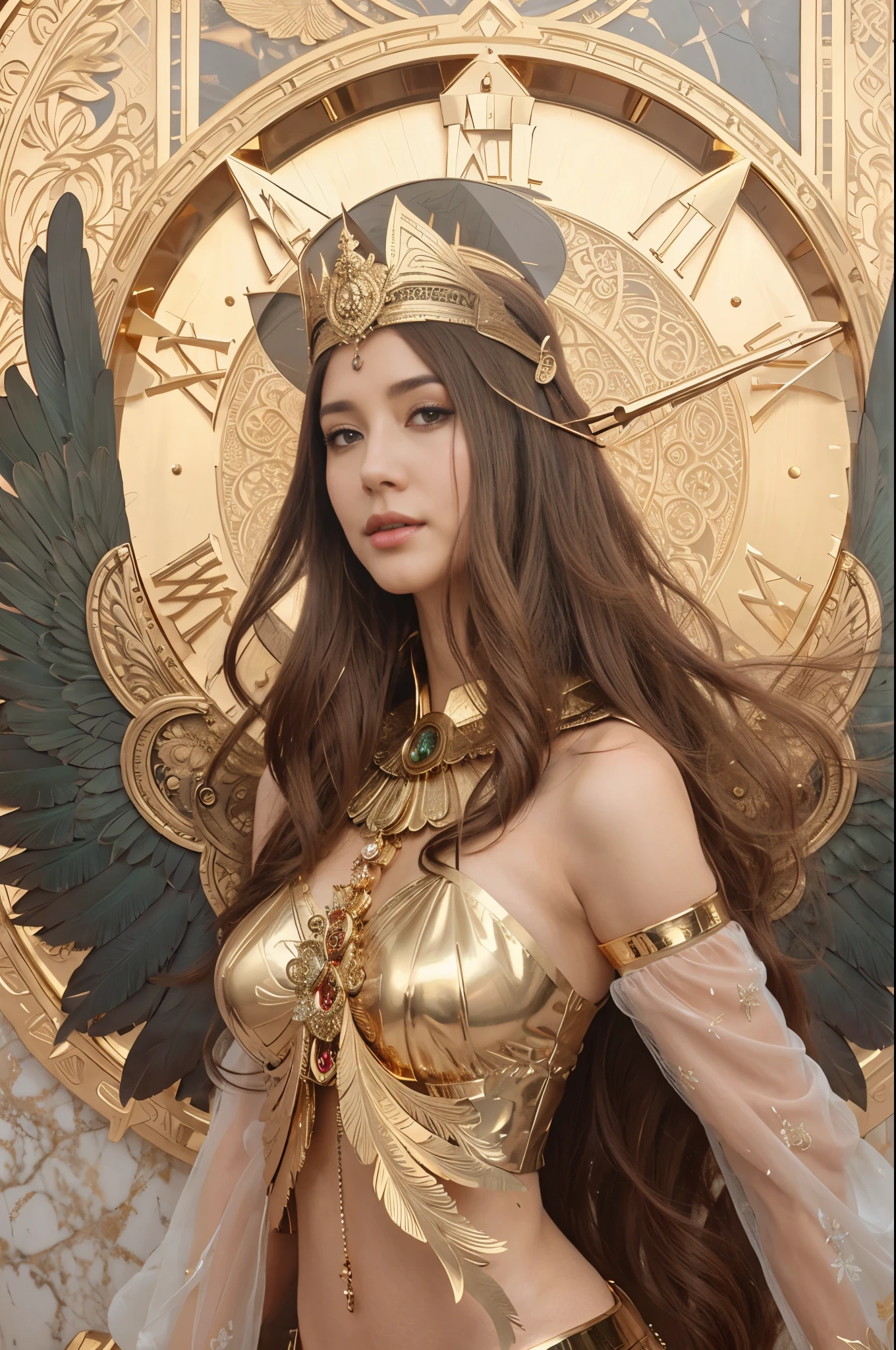 a woman with wings and a gold headpiece standing in front of a clock, artgerm detailed, goddess. extremely high detail, artgerm', artgerm. high detail, artgerm mucha, extremely detailed artgerm, artgerm style, artgerm art, artgerm julie bell beeple, artgerm. anime illustration