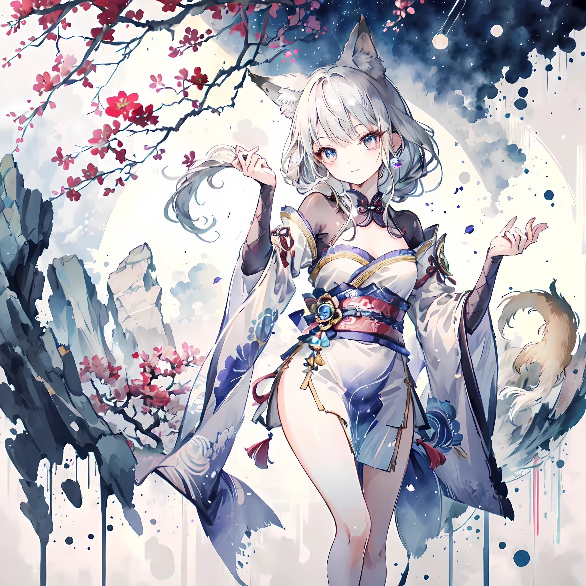 (masterpiece、best quality、8k ),Crazy details,Ancient Chinese themes,1 cute loli girl,innocent smile ,(silver hair:1.2),((fox ears:1.3)),long ponytail,(qipao dress:1.3),thigh ,long eyelashes,(Beautiful and delicate eyes),glossy lips,Sunlight,raise arms,Astonishing,Surreal,Perfect anatomically perfect 5 fingers, Super exquisite illustrations