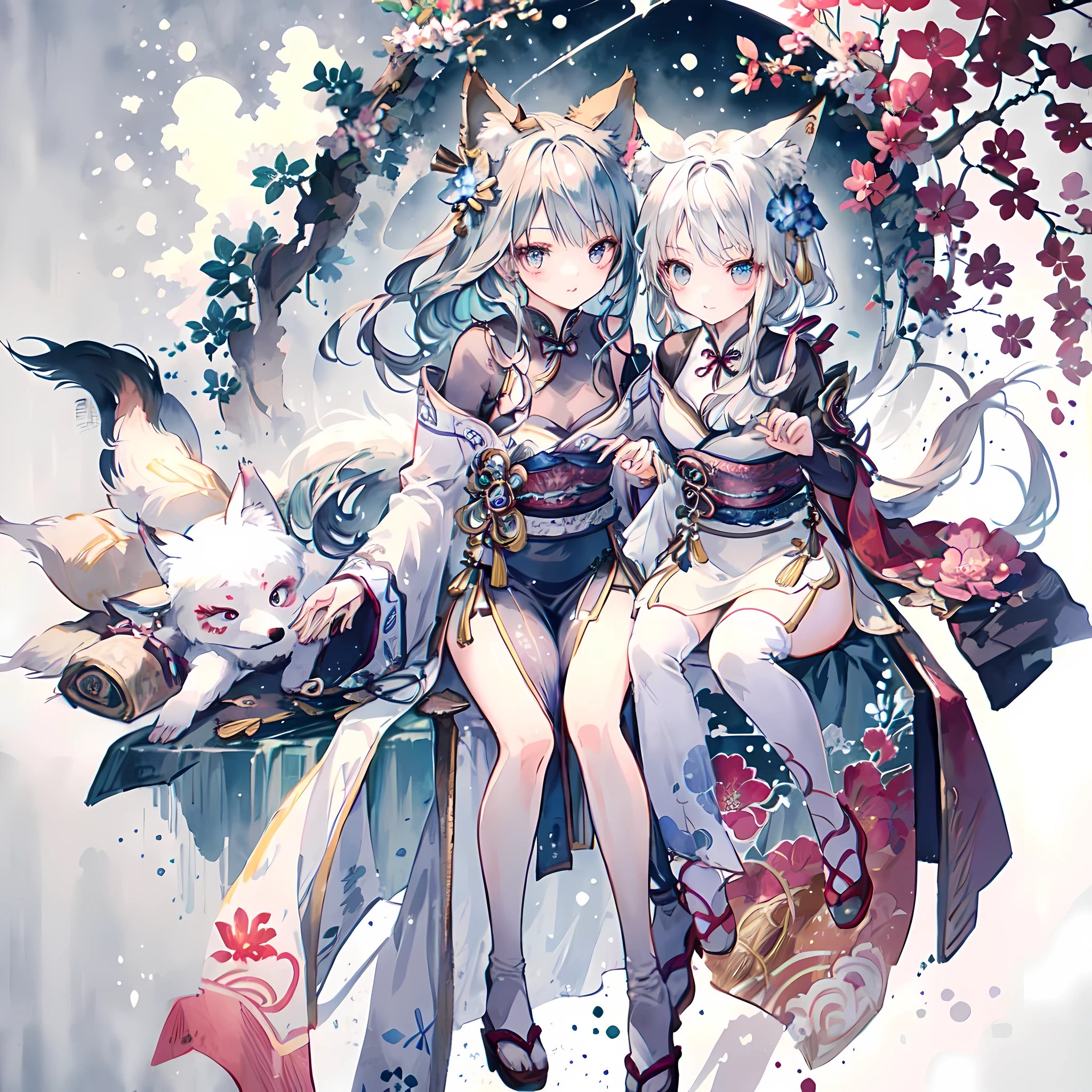 (masterpiece、best quality、8k ),Crazy details,Ancient Chinese themes,1 cute loli girl,innocent smile ,(silver hair:1.2),((fox ears:1.3)),long ponytail,(qipao dress:1.3),thigh ,long eyelashes,(Beautiful and delicate eyes),glossy lips,Sunlight,raise arms,Astonishing,Surreal,Perfect anatomically perfect 5 fingers, Super exquisite illustrations