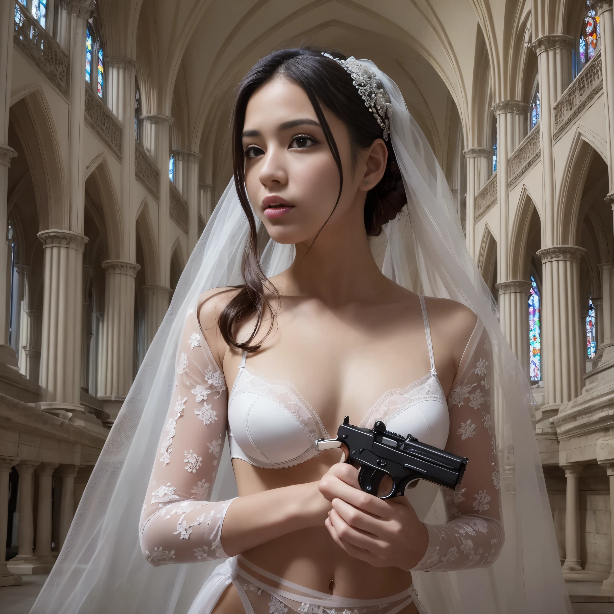 (RAW photo:1.2), (realistic), beautiful detailed girl, very detailed eyes and face, beautiful and detailed eyes, huge file size, High resolution, very detailed, highest quality, [table top:1.6], shape, very detailed, small details, highest quality, 8k wallpaper, movie lighting,woman in a torn wedding dress, hold a gun and fight something, ruined cathedral, Fight bravely, Desolate world, A white bra is visible through the torn wedding dress, I can see white pants, dark mysterious cathedral, look of fear, slender body, young face, immature body, underwear exposed, white high heels
