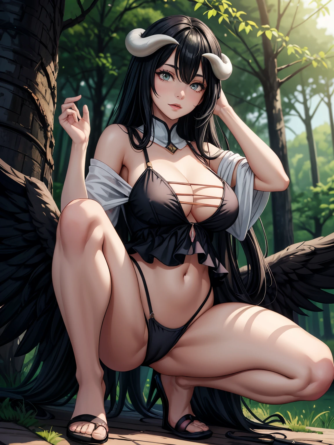((masterpiece)), (best quality),, official art, extremely detailed CG unity 8k wallpaper, highly detailed, shiny skin, Depth of field, vivid color,, 1girl, (curvy:0.6), (full body:0.8), girl wearing sexy clothes, sexy , portrait sophie mudd, casual pose, gorgeous young model, cute young woman, a beautiful -aged girl, very pretty model, young , cute young girl, beautiful young girl, beautiful model, long black hair, dark hair, shiny hair, young and cute girl, girl, Albedo, Overlord, Albedo anime, anime, looking at me, high shadow texturing, shadows included, looking epic, epic background, epic place, single person, nobody else, wearing swimsuit,horns, wearing somethink cute, wearing cute dress, adorable, kawaii, cute, proud, happy, definision of happines, sun is shining, sunshine, epic lighting, sunning, 18+ , epic background, super epic backgorund, backgorund theme, suepr shadowing, shadows, dynamic lighting, wearing sexy clothes of random color, (Background: forest,old town, sunset, sunny forest, nature), (Poses: sitting, leaning over wall, squatting, standing, legs crossed)