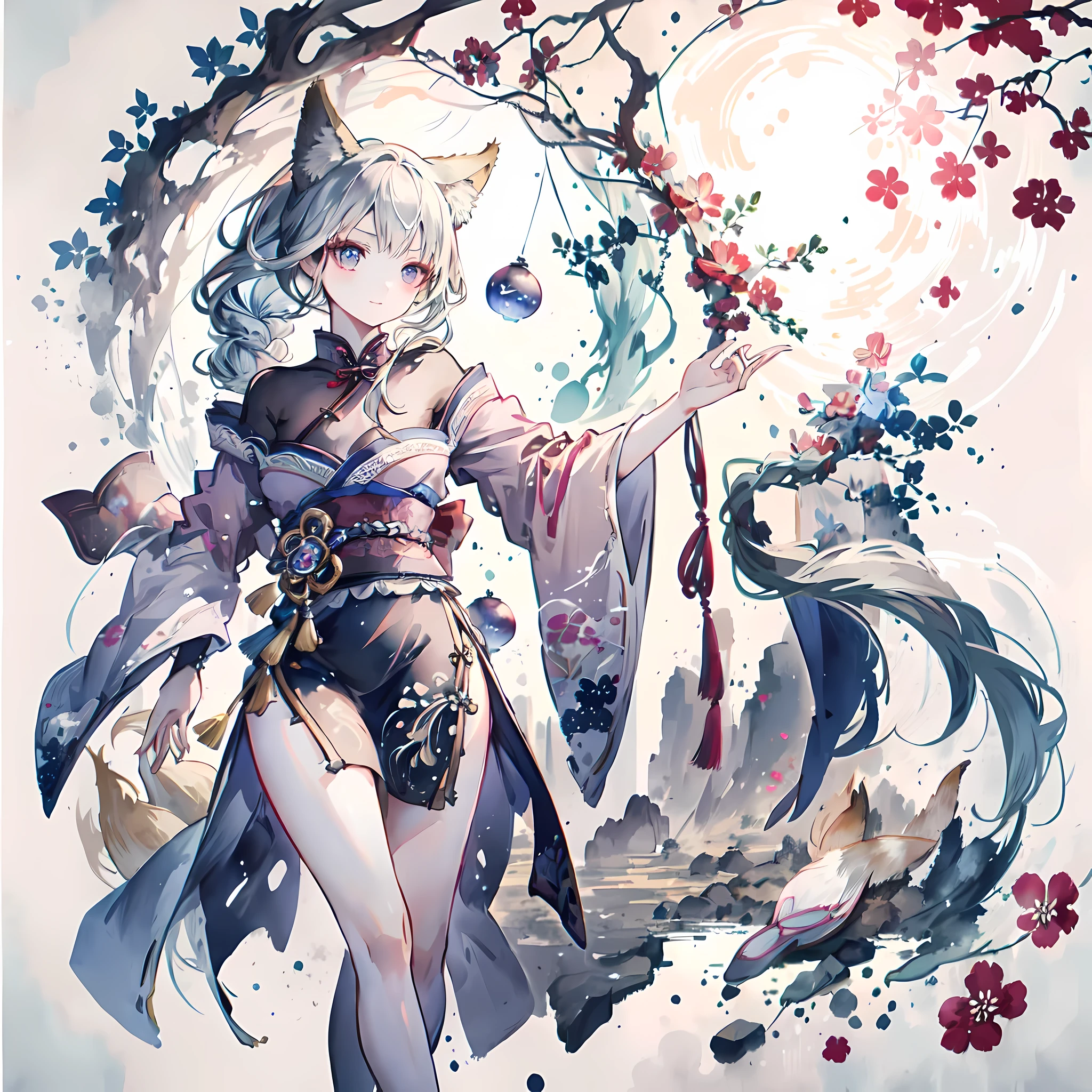 (masterpiece、best quality、8k ),Crazy details,Ancient Chinese themes,1 cute loli girl,innocent smile ,(silver hair:1.2),((fox ears:1.3)),long ponytail,(qipao dress:1.3),thigh ,long eyelashes,(Beautiful and delicate eyes),glossy lips,Sunlight,raise arms,Astonishing,Surreal,Perfect anatomically perfect 5 fingers, Super exquisite illustrations